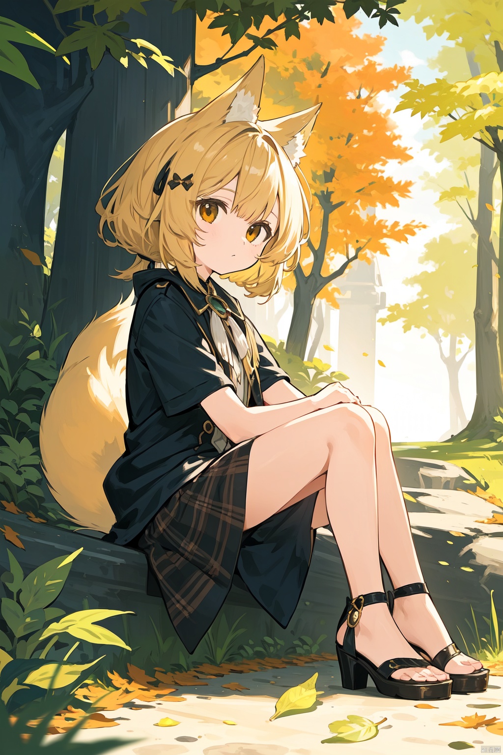 1girl, solo, looking at viewer, sitting, fox ears, full body, strappy heels,plaid shirt, short sleeves,jacket, bow, bangs, low ponytail, blonde hair fox tail, fox girl, kitsune, ((autumn, outdoors, day, forest, falling leaves, bird, leaf)), (fog, dyntall effect), (wide shot, panorama, full body, depth of field),(movie poster,english text),(Flagstone road,branches)