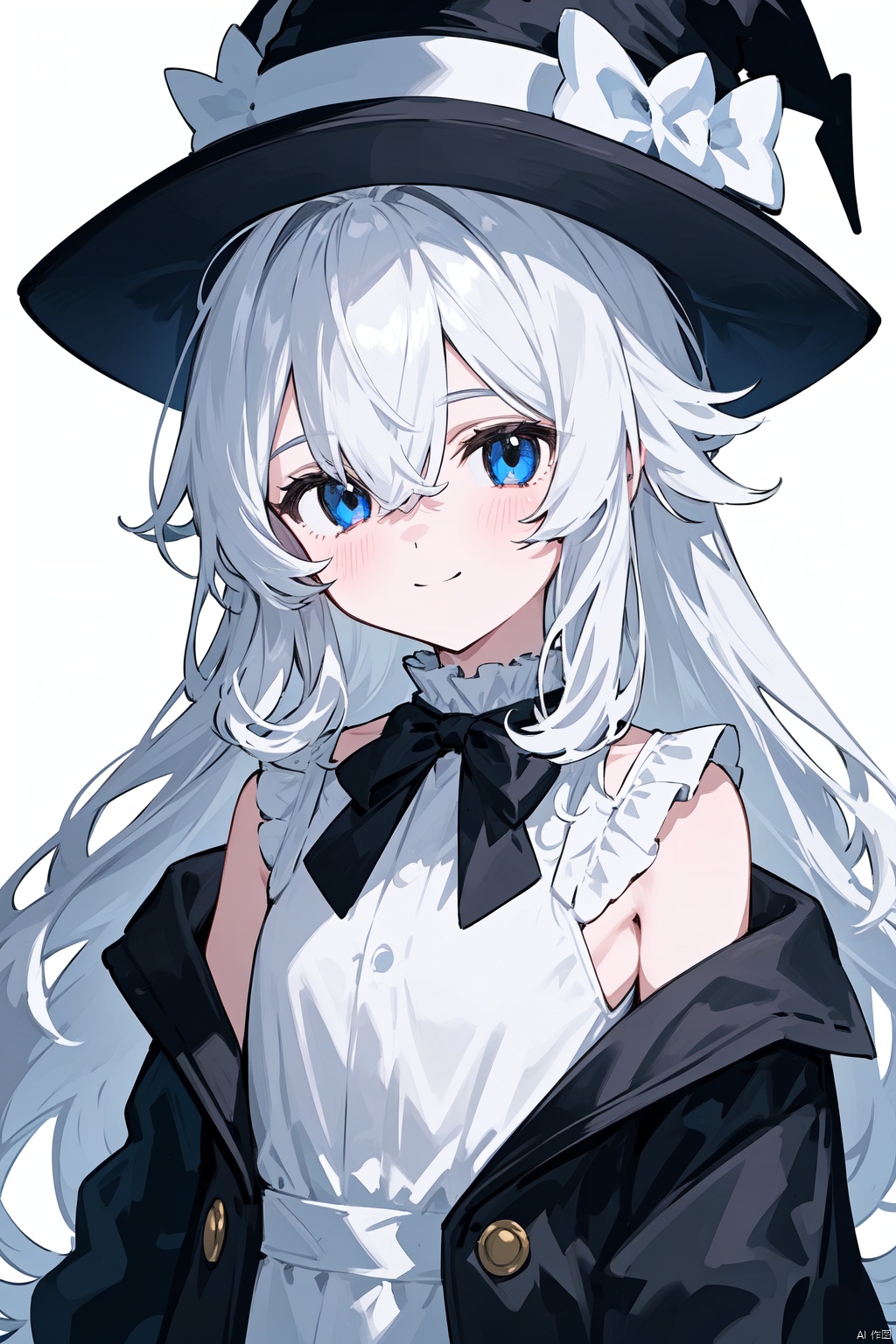  best quality, amazing quality, very aesthetic, absurdres,1girl, elaina_\(majo_no_tabitabi\), solo, hat, shirt, long_hair, witch_hat, white_shirt, smile, sleeveless_shirt, sleeveless, looking_at_viewer, collared_shirt, bare_shoulders, black_headwear, bangs, off_shoulder, blue_eyes, blush, upper_body, white_background, closed_mouth, neck_ribbon, frills, center_frills, bow, ribbon, simple_background, hair_between_eyes, open_clothes, jacket, robe, long_sleeves, bowtie