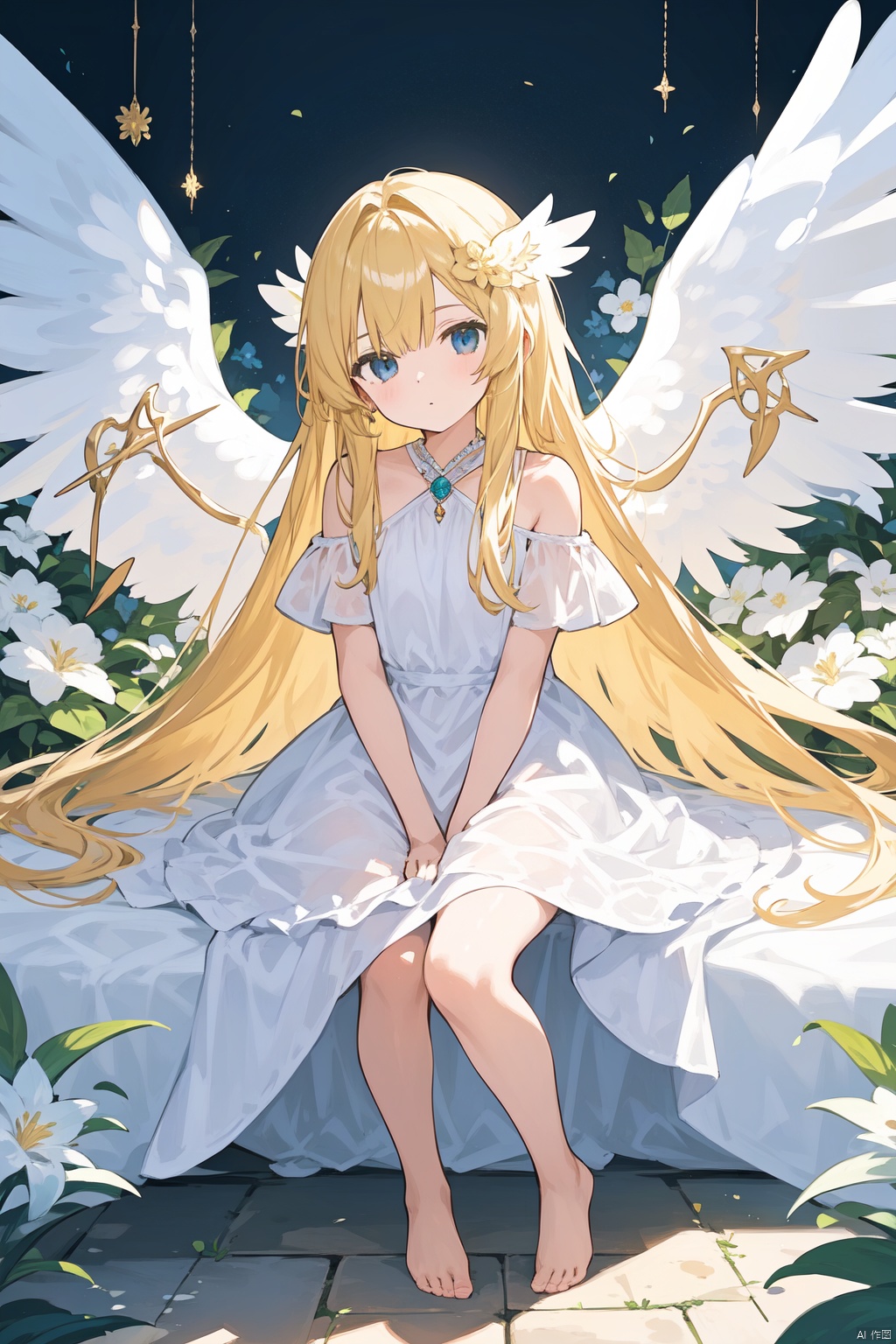 1girl, absurdly_long_hair, angel, angel_wings, barefoot, bird, blonde_hair, dress, feathered_wings, flower, hair_ornament, jewelry, long_hair, looking_at_viewer, solo, very_long_hair, white_dress, wings