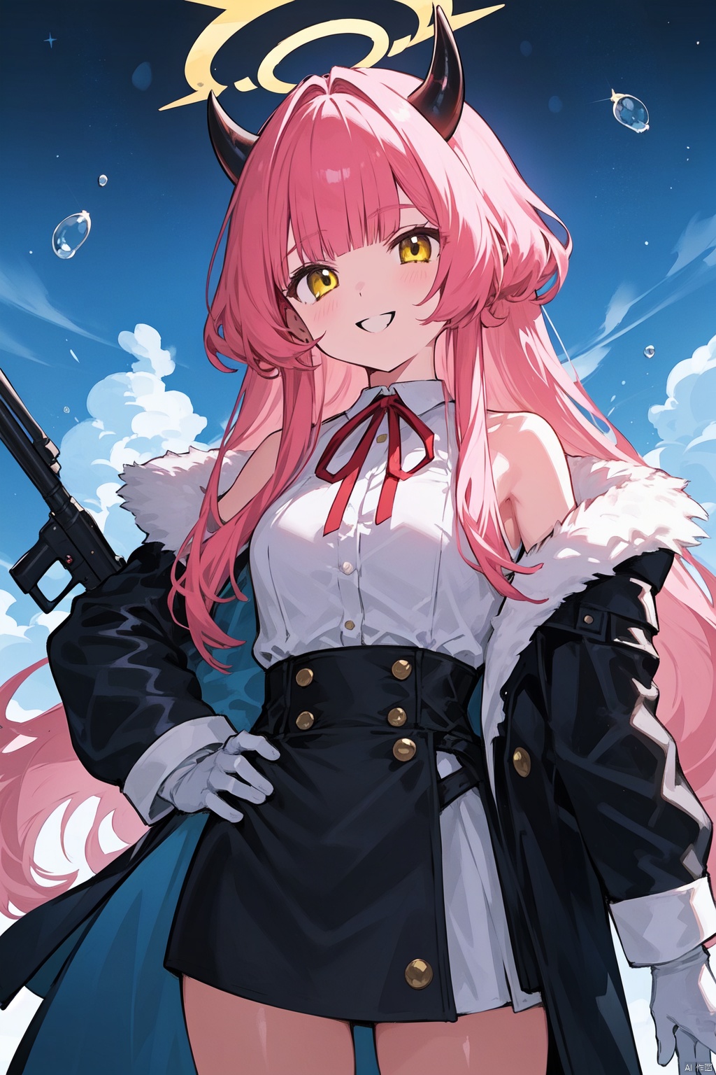 petite,loli,1girl, aru_\(blue_archive\), solo, weapon, gun, skirt, long_hair, shirt, pink_hair, gloves, white_shirt, explosion, smile, rifle, hand_on_hip, white_gloves, ribbon, fur_trim, looking_at_viewer, bangs, black_skirt, horns, neck_ribbon, holding, holding_weapon, red_ribbon, halo, long_sleeves, breasts, holding_gun, sniper_rifle, collared_shirt, fur-trimmed_jacket, yellow_eyes, coat, high-waist_skirt, blunt_bangs, jacket, side_slit, parted_lips, grin, large_breasts