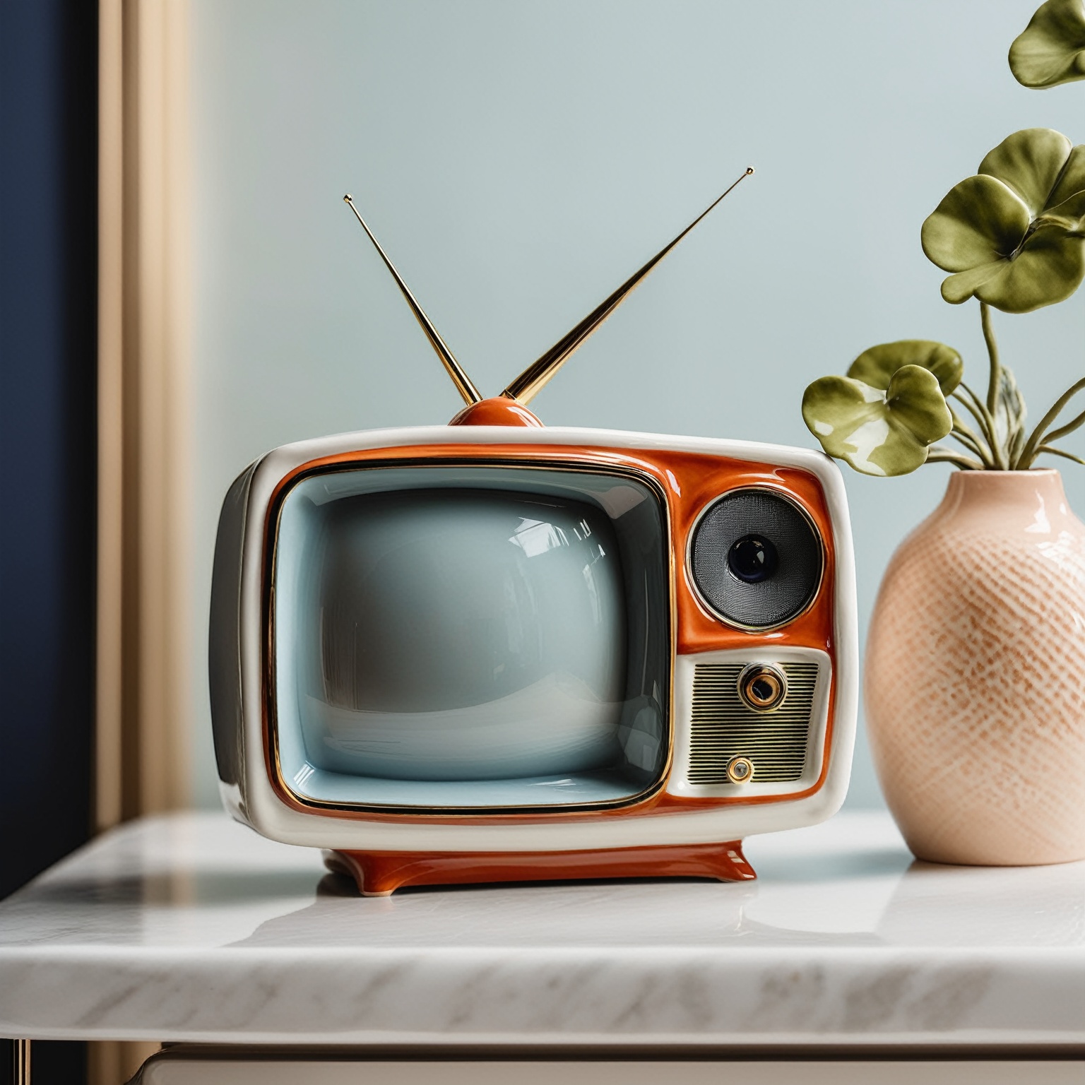 A beautifully crafted ceramic or porcelain figurine of a televison on Tensor.Art
