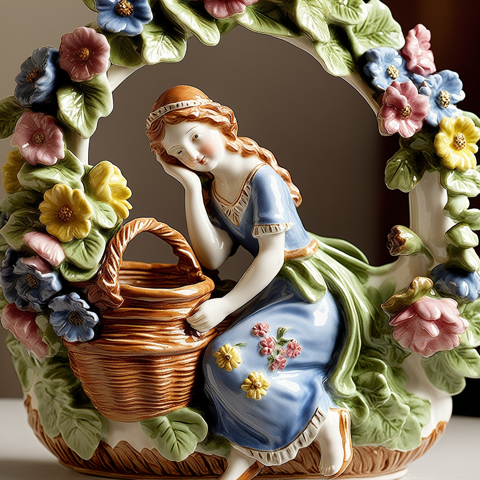 A beautifully crafted ceramic or porcelain figurine of a flower basket on Tensor.Art