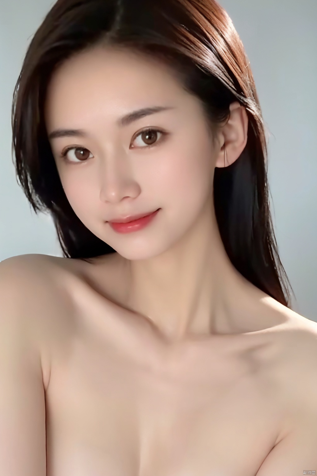  1girl, solo, naked, 
plain smile,,looking_at_viewer,white_background, black_eyes, gradient, collarbone,
( chiaroscuro,Fujicolor, UHD, super detail ,raw,85mm,f/1.2,FujifilmXT4,),only face