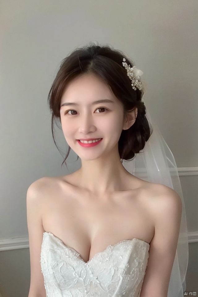  best quality,masterpiece,ultra high res,looking at viewer,simple background,portrait (object),
1girl, solo, breasts, looking at viewer, smile, brown hair, black hair, dress, cleavage, bare shoulders, medium breasts, teeth, grin, black eyes, wedding dress, realistic