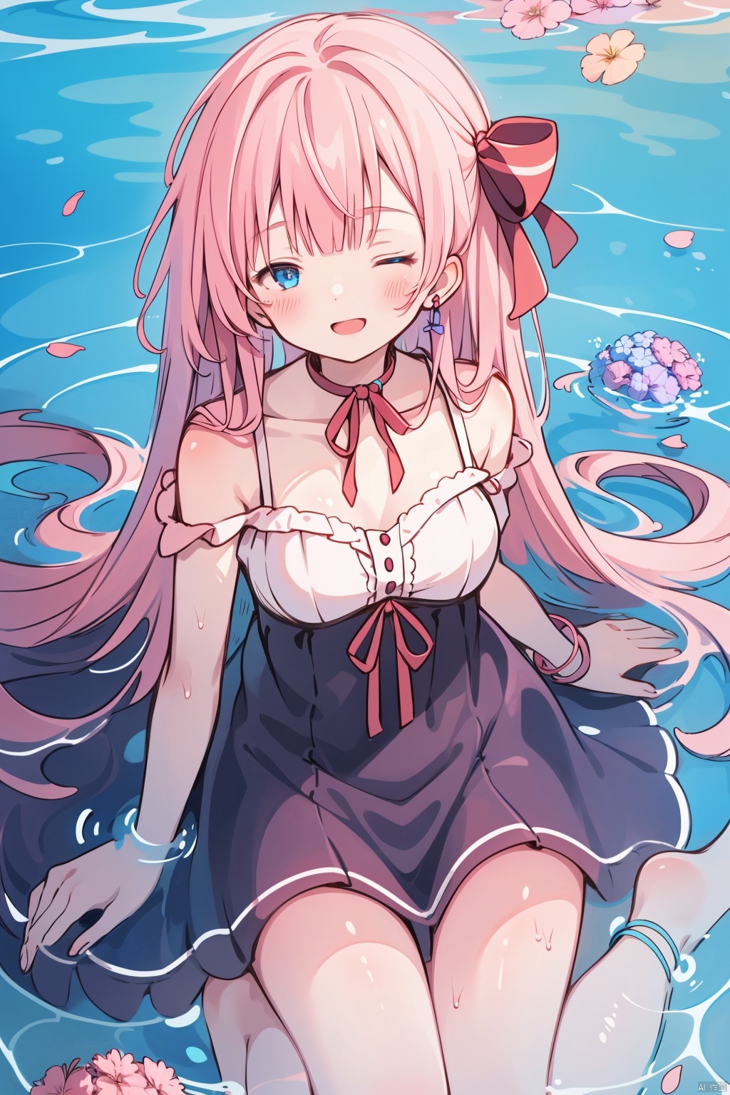 1girl, solo, pseudo impasto, best quality, aesthetic, detailed, looking at viewer, smile, open mouth, blue eyes, one eye closed, long hair, pink hair, bangs, breasts, barefoot, dress, bare shoulders, red ribbon, wrist ribbon, bracelet, choker, in cup, partially submerged, purple rose, hydrangea, blue rose