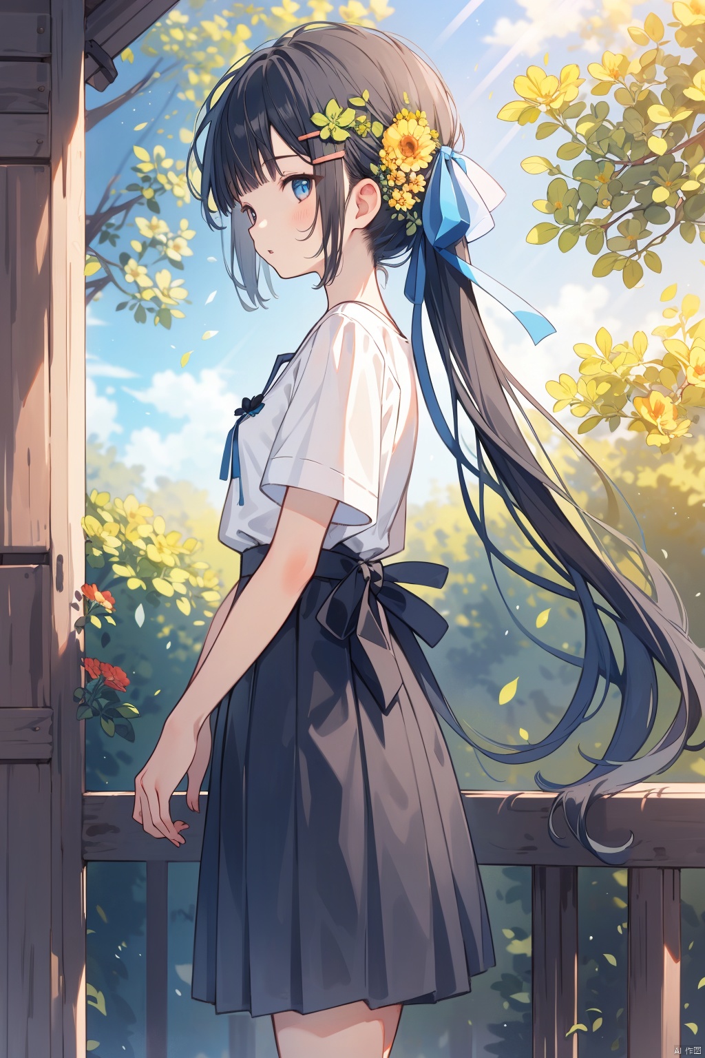  (masterpiece),(best quality),1girl, solo, flower, hair flower, hair ornament, long hair, outdoors, shirt, skirt, white shirt, holding, short sleeves, sunlight, bangs, black hair, blue ribbon, hair ribbon, parted lips, tree, ribbon, standing, ponytail