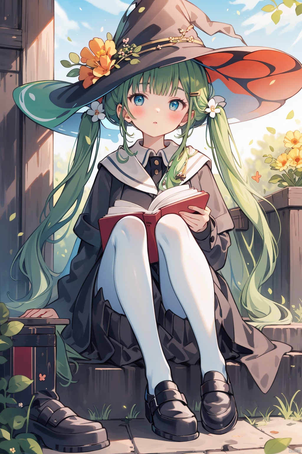 (masterpiece),(best quality),1girl, solo, hat, book, blue eyes, witch hat, bug, green hair, long hair, holding, dress, twintails, sitting, holding book, bangs, outdoors, looking at viewer, butterfly, long sleeves, brooch, flower, white pantyhose, blush, pantyhose, collared dress, black headwear, open book, black footwear, shoes, railing, black dress, parted lips, hat flower, witch, bow, day, tree, hair ornament