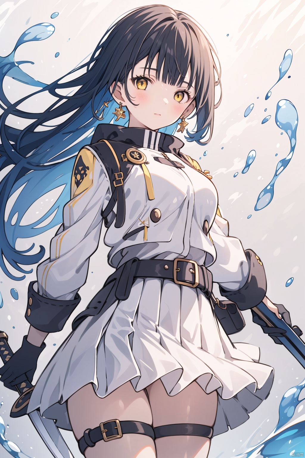 1girl, solo, weapon, holding, long hair, gloves, holding weapon, black gloves, sword, skirt, white skirt, earrings, jewelry, looking at viewer, holding sword, water, yellow eyes, jacket, sheath, white jacket, floating hair, cowboy shot, white background, thigh strap, belt, pleated skirt, breasts