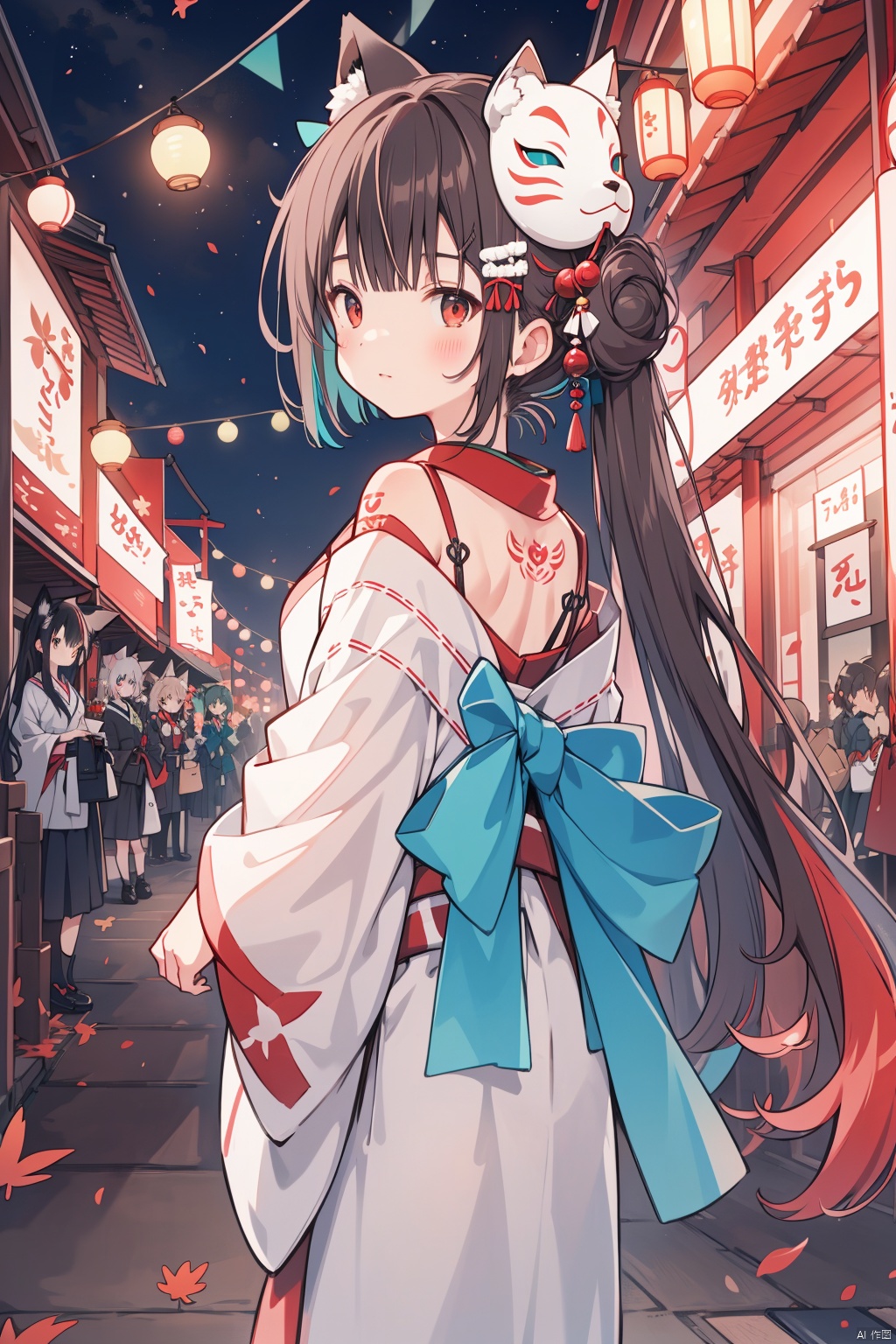  nakiri_ayame, multiple_girls, mask_on_head, virtual_youtuber, ookami_mio, nakiri_ayame_\(1st_costume\), mask, horns, oni_mask, 6+girls, japanese_clothes, outdoors, shirakami_fubuki, red_eyes, night, kimono, lantern, long_hair, oozora_subaru, hair_bell, white_hair, bell, animal_ears, looking_at_viewer, streaked_hair, inugami_korone, red_hair, nekomata_okayu, hair_bun, sky, double_bun, tattoo, black_hair, night_sky, uruha_rushia, off_shoulder, hair_ornament, oni, fox_ears, usada_pekora, autumn_leaves, paper_lantern, brown_hair, sash, obi, minato_aqua, holding, multicolored_hair, back_tattoo, leaf, natsuiro_matsuri, jingle_bell