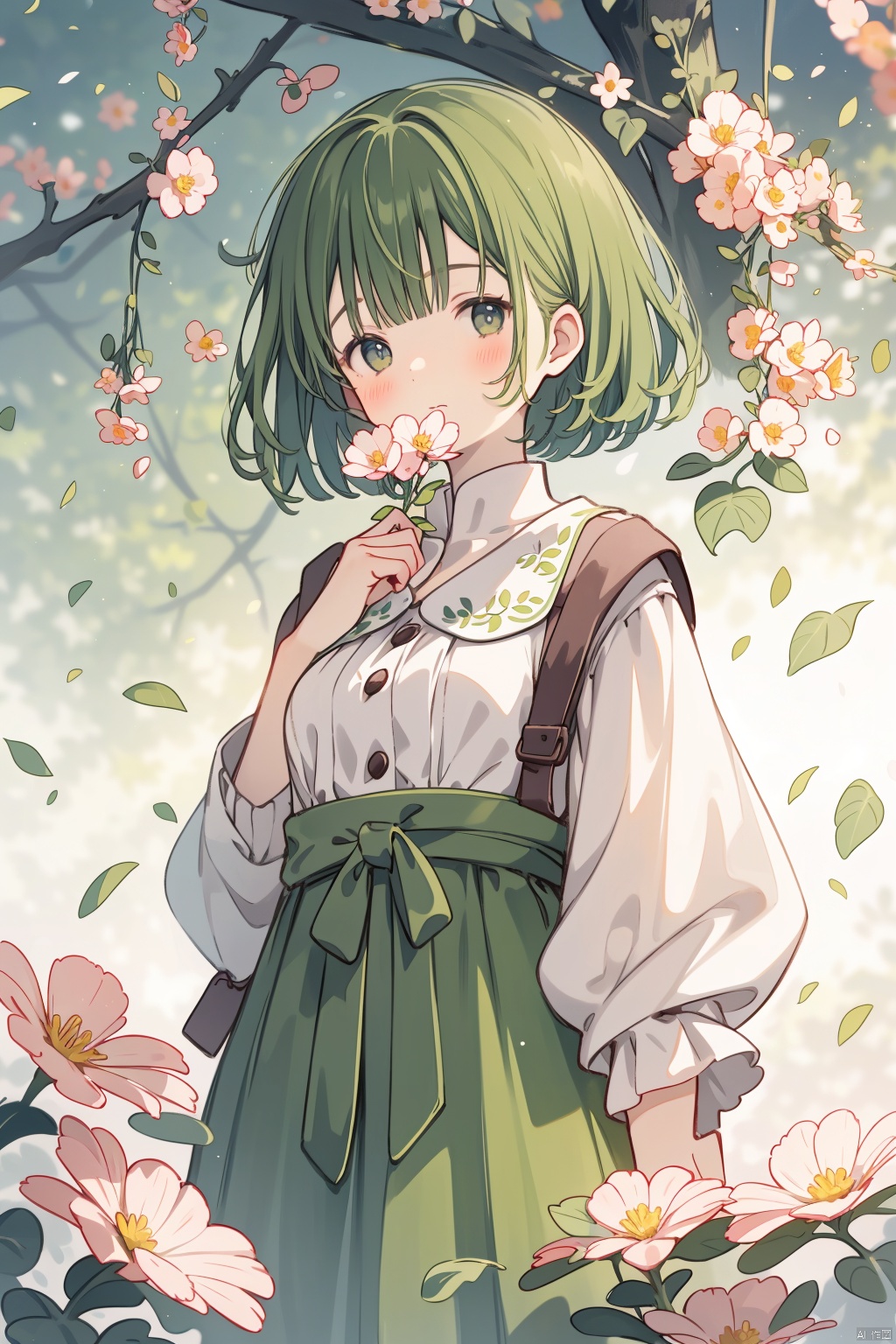  blurry foreground with butterlies, a girl hiding behind plants full of flowers, covering mouth with flowers, looking to viewers through the flowers. solo. The whole atmosphere of the picture is serene and dreamy, evoking a sense of nostalgia and magic. flying leaves falling down from a tall tree with verdant leaves and white flowers. pale skin, lovely, sweet.
