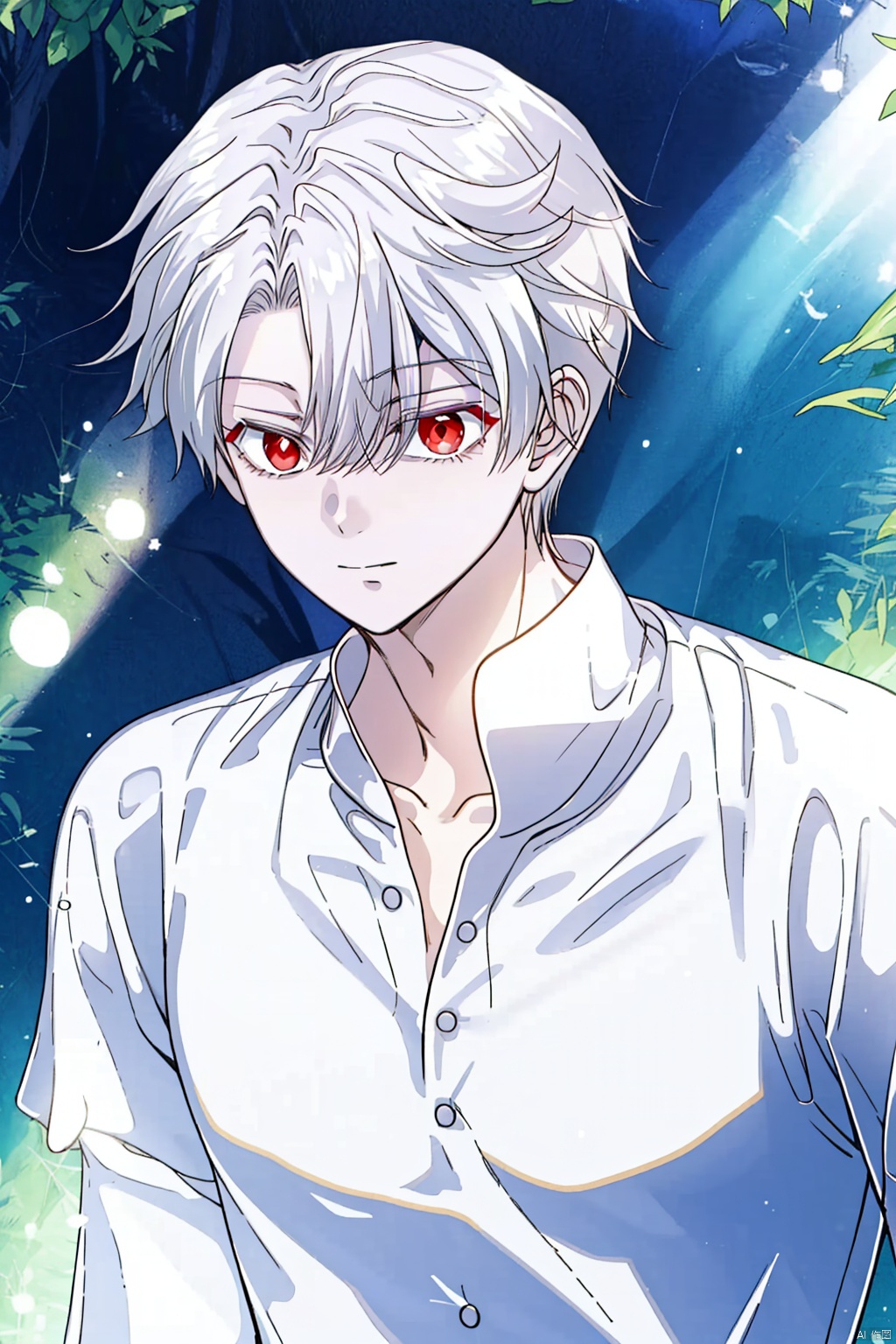 short hair, shirt, red eyes, 1boy, white shirt, white hair, lichade