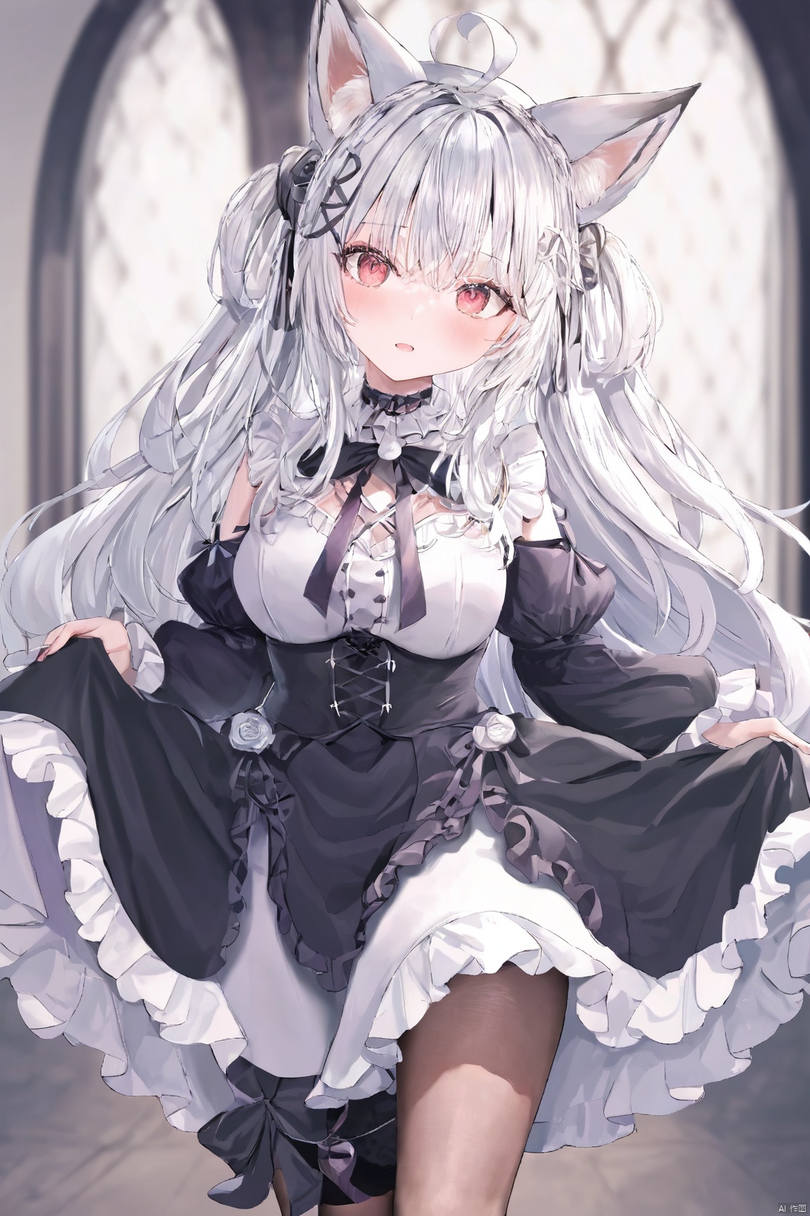  fox_ears, silver_hair, gothic lolita, absurdres, looking_at_viewer, cowboy_shot