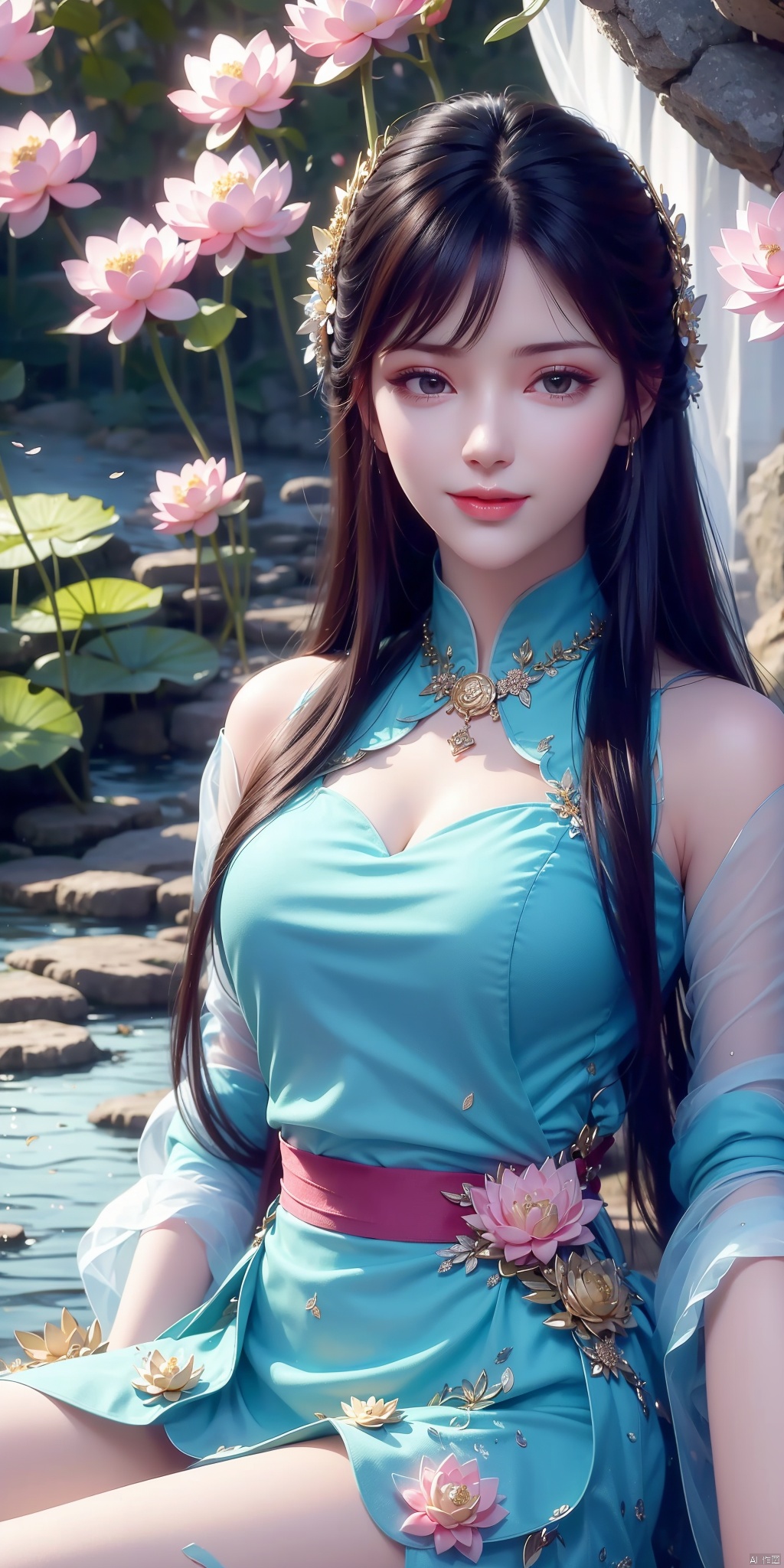  Girl, long hair, charming smile, (wearing lotus leaf clothes: 1.4), sitting by the river, (big chest), beautiful legs, hair (fluttering in the wind), fresh and realistic flowers, masterpiece, blooming effect, lotus background, green lotus, necklace, smile, green lotu