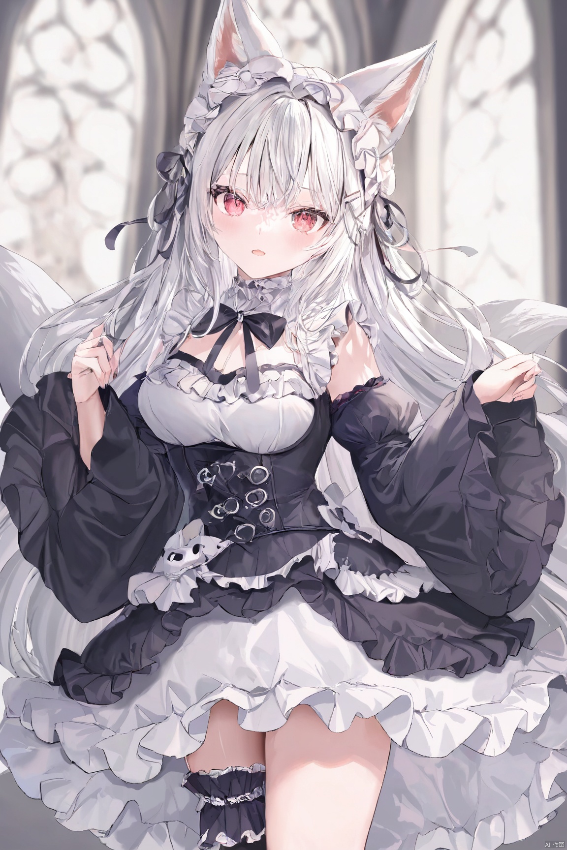  fox_ears, silver_hair, gothic lolita, absurdres, looking_at_viewer, cowboy_shot
