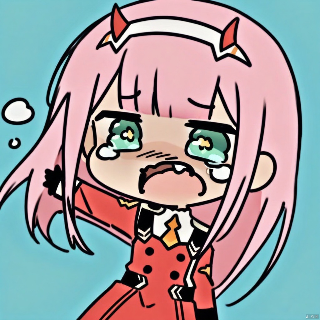  crying, chibi, (masterpiece),(best quality),1girl, aqua_background, aqua_eyes, blue_background, buttons, double-breasted, fangs, green_eyes, hairband, horns, long_hair, looking_at_viewer, military, military_uniform, necktie, pink_hair, sky, solo, tongue, tongue_out, uniform, white_hairband, zero_two_\(darling_in_the_franxx\)
