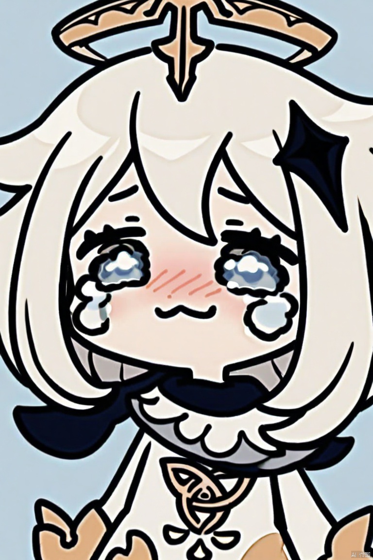  crying, chibi, 1girl, paimon \(genshin impact\), solo, white hair, hair between eyes, halo, looking at viewer, bangs, hair ornament, grey eyes, smile, :3, blue eyes, blush, simple background