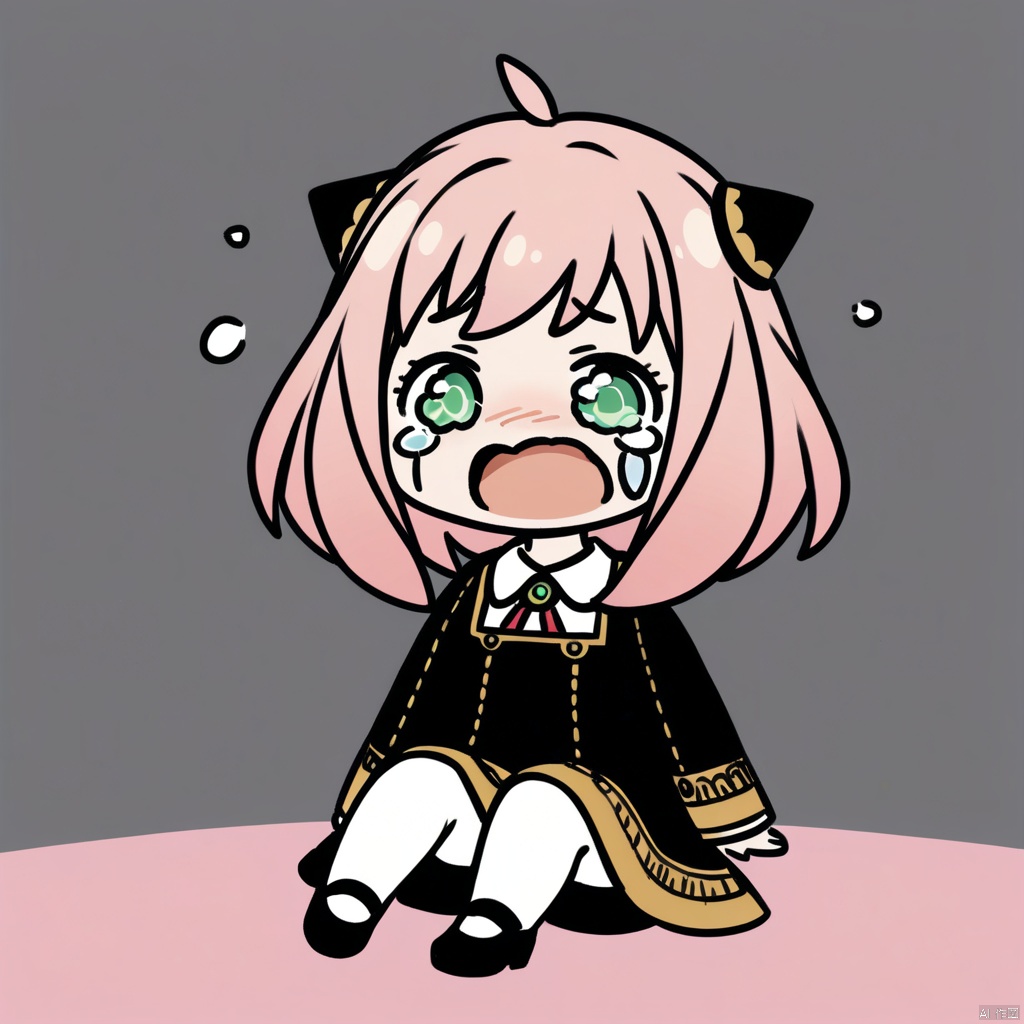  crying, chibi, (masterpiece),(best quality),Anya Forger, 1girl, anya \(spy x family\), solo, female child, pink hair, green eyes, school uniform, eden academy school uniform, smile, dress, sitting, looking at viewer, open mouth, black footwear, black dress, child, shirt, :d, long sleeves, full body, shoes, medium hair, bangs, ahoge, white pantyhose, collared shirt