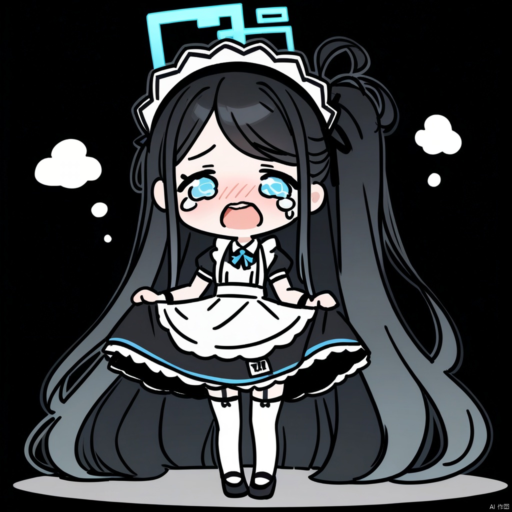  crying, chibi, (masterpiece),(best quality),masterpiece,best quality,very aesthetic,absurdres,newest, BREAK sdorica composition,black background,simple background,character name, BREAK 1girl, solo, aris \(blue archive\), aris \(maid\) \(blue archive\), halo, long hair, black hair, thighhighs, white thighhighs, apron, blue eyes, official alternate costume, maid headdress, maid, very long hair, full body, simple background, white background, short sleeves, open mouth, dress, looking at viewer, maid apron, white apron, black footwear, borrowed clothes, shoes, black dress, frilled apron, frills, blush, upper teeth only, ponytail, smile, puffy sleeves, standing, side ponytail, teeth, puffy short sleeves, absurdly long hair, garter straps, skirt hold, bow, sidelocks,