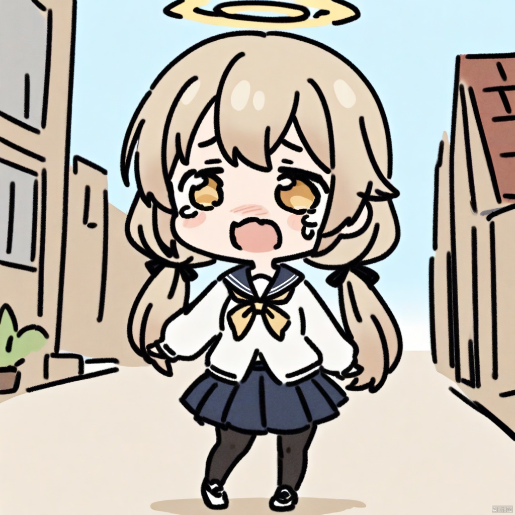 crying,chibi,(masterpiece, best quality),1girl,solo,long hair,blue eyes,in_summer,loli,(middle_breasts:1.1), hifumi-default,hifumi \(blue archive\),(yellow eyes:1.3),light brown hair,long hair,low twintails,halo,school uniform,blue sailor collar,white cardigan,pleated skirt,black pantyhose,sneakers ,holding_phone,outdoors,walking on street,looking to the side,standing_split,dutch angle,smiling, 