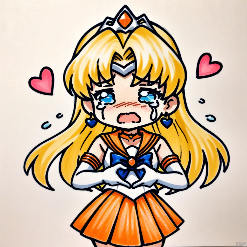  crying, chibi, (masterpiece),(best quality),1girl,sailor venus,masterpiece,best quality,very aesthetic,absurdres,aavenus,long hair,blonde hair,hair bow,tiara,blue eyes,earrings,orange choker,collarbone,orange sailor collar,blue bowtie,white shirt,white leotard,elbow gloves,white gloves,pleated skirt,orange skirt,heart hands,traditional media,