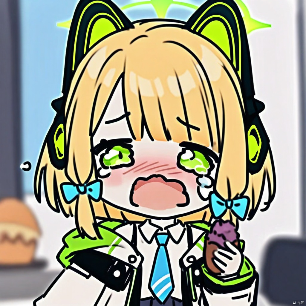crying, chibi, 1girl, (masterpiece),(best quality),1girl,midori \(blue archive\),blue archive,aiamu iamu,holding food,holding,hooded jacket,food,sidelocks,:d,collared shirt,blurry,long sleeves,puffy sleeves,headphones,blue bow,hand up,necktie,halo,looking at viewer,jacket,sleeves past wrists,blush,nail polish,blue necktie,animal ear headphones,blurry background,blonde hair,shirt,green eyes,hood down,open clothes,depth of field,hood,smile,white jacket,fake animal ears,bow,puffy long sleeves,open jacket,solo,dress shirt,animal ears,white shirt,blue nails,hair bow,long hair,drawstring,sweet potato,