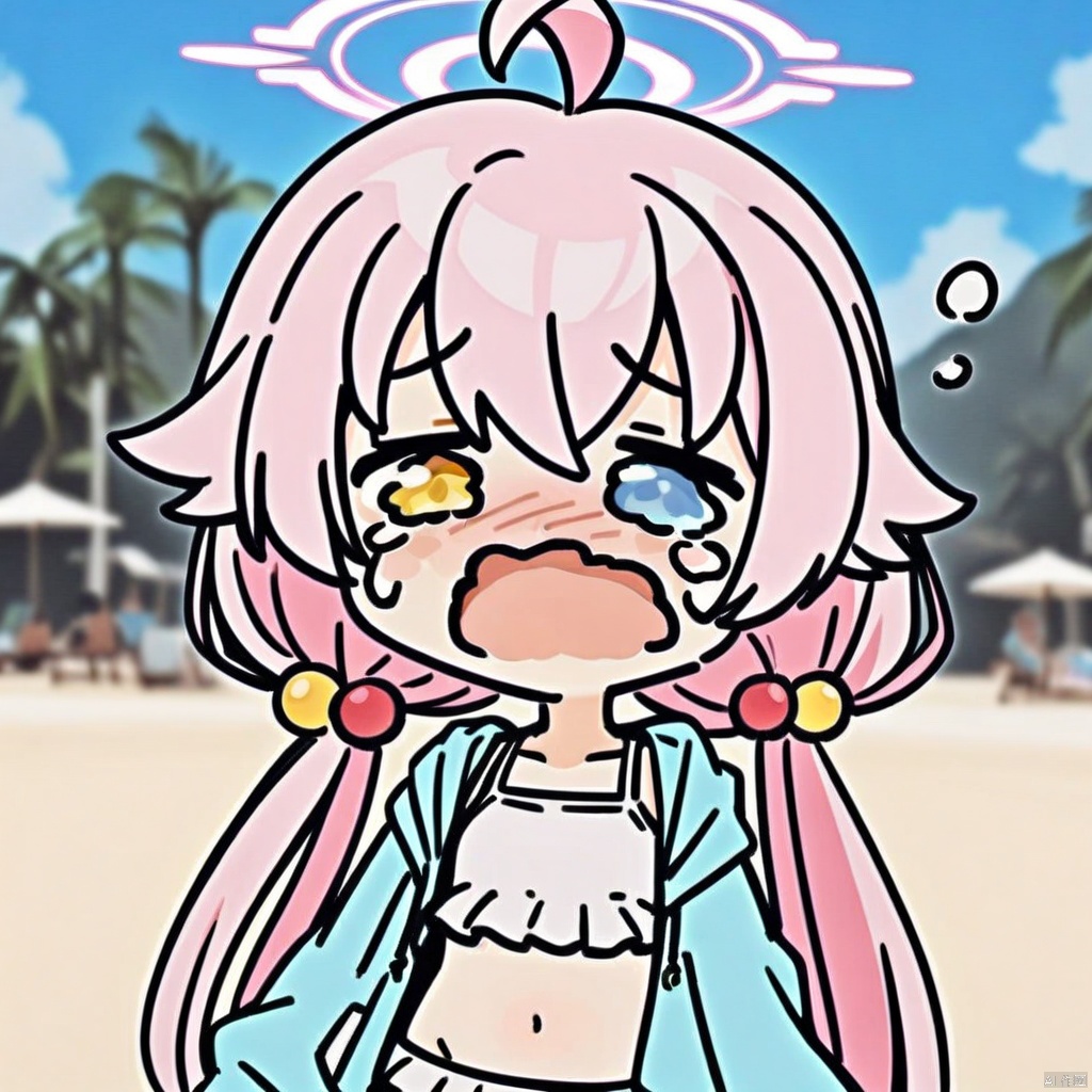 crying, chibi, (masterpiece),(best quality),solo, red flower, 1girl, hoshino (blue archive), flower, blue jacket, hoshino (swimsuit) (blue archive), hair ornament, white bikini, frilled bikini, heterochromia, swimsuit, twintails, long hair, ahoge, yellow eyes, bikini, navel, halo, blush, looking at viewer, jacket, frills, low twintails, blue eyes, open mouth, pink hair, collarbone, hair between eyes, hair bobbles, outdoors, long sleeves, hair flower, official alternate costume, hibiscus, open clothes, blurry