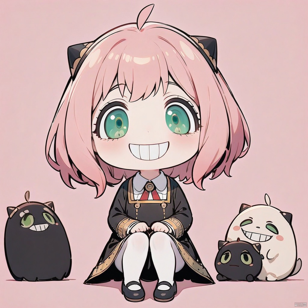 (grin, chibi, teeth),(masterpiece),(best quality),Anya Forger, 1girl, anya \(spy x family\), solo, female child, pink hair, green eyes, school uniform, eden academy school uniform, smile, dress, sitting, looking at viewer, open mouth, black footwear, black dress, child, shirt, :d, long sleeves, full body, shoes, medium hair, bangs, ahoge, white pantyhose, collared shirt