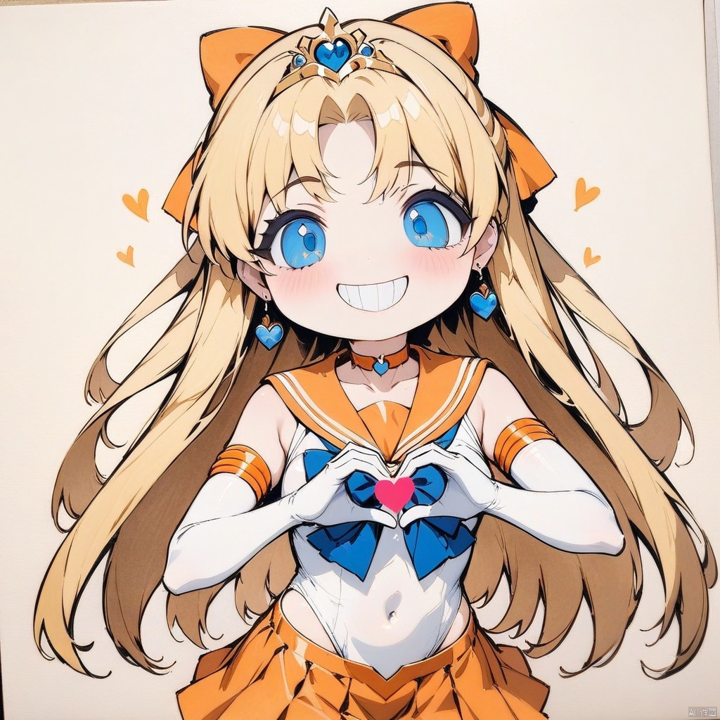 (grin, chibi, teeth),(masterpiece),(best quality),1girl,sailor venus,masterpiece,best quality,very aesthetic,absurdres,aavenus,long hair,blonde hair,hair bow,tiara,blue eyes,earrings,orange choker,collarbone,orange sailor collar,blue bowtie,white shirt,white leotard,elbow gloves,white gloves,pleated skirt,orange skirt,heart hands,traditional media,
