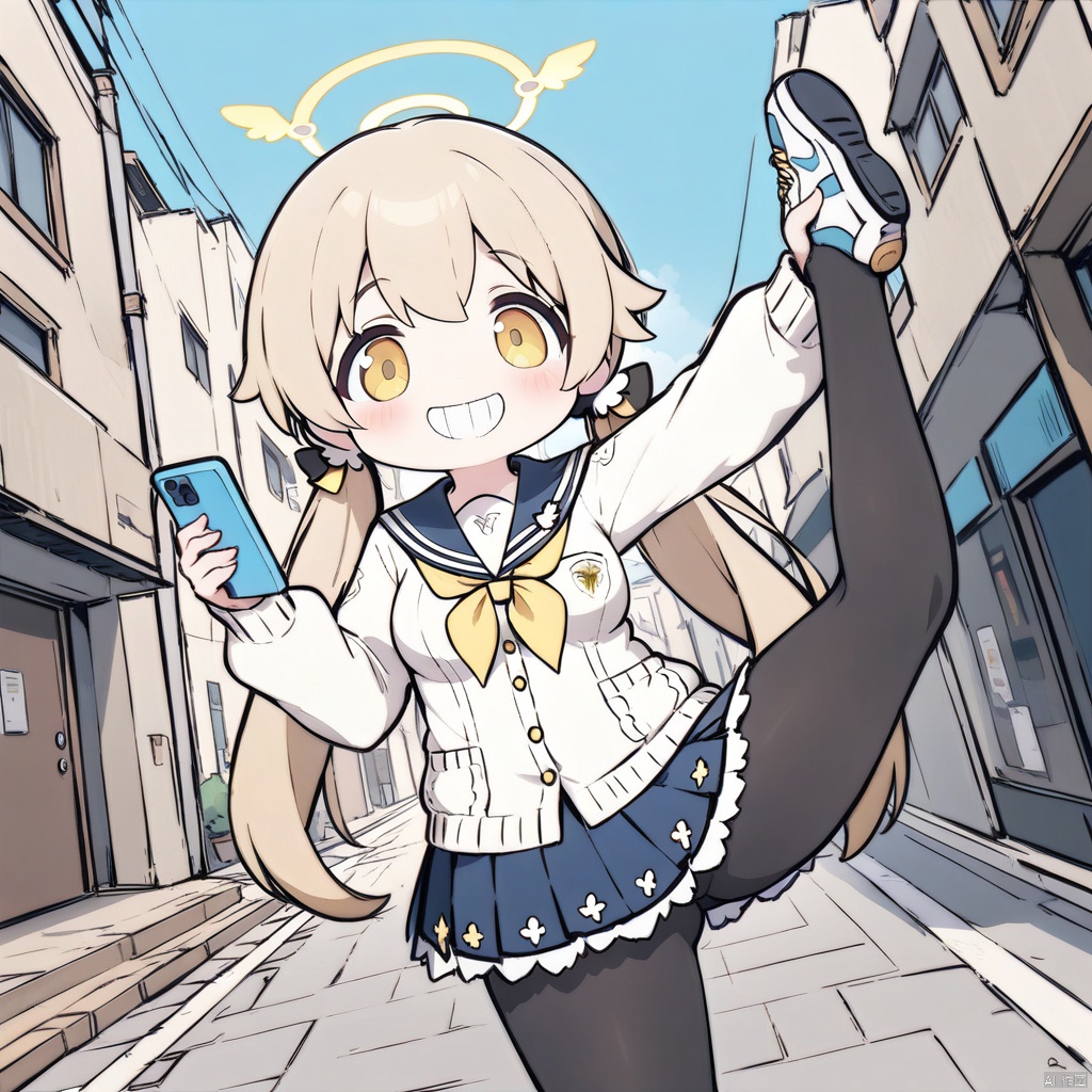 (grin, chibi, teeth),full_body,(masterpiece, best quality),1girl,solo,long hair,blue eyes,in_summer,loli,(middle_breasts:1.1), hifumi-default,hifumi \(blue archive\),(yellow eyes:1.3),light brown hair,long hair,low twintails,halo,school uniform,blue sailor collar,white cardigan,pleated skirt,black pantyhose,sneakers ,holding_phone,outdoors,walking on street,looking to the side,standing_split,dutch angle,smiling,