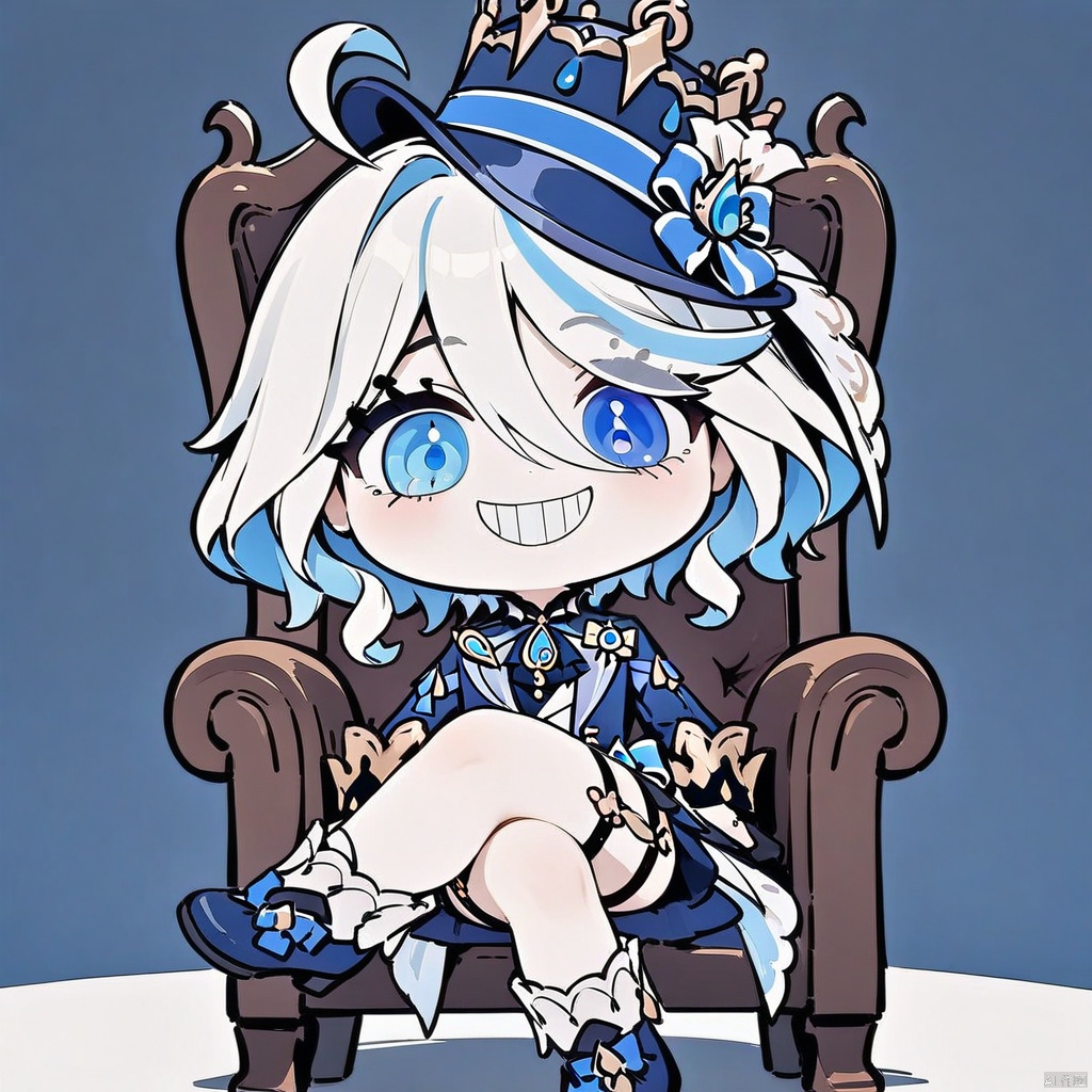 (grin, chibi, teeth),masterpiece, best quality, furina \(genshin impact\),hat,smile, sitting, crossed legs, ,chair,blue footwear,white socks