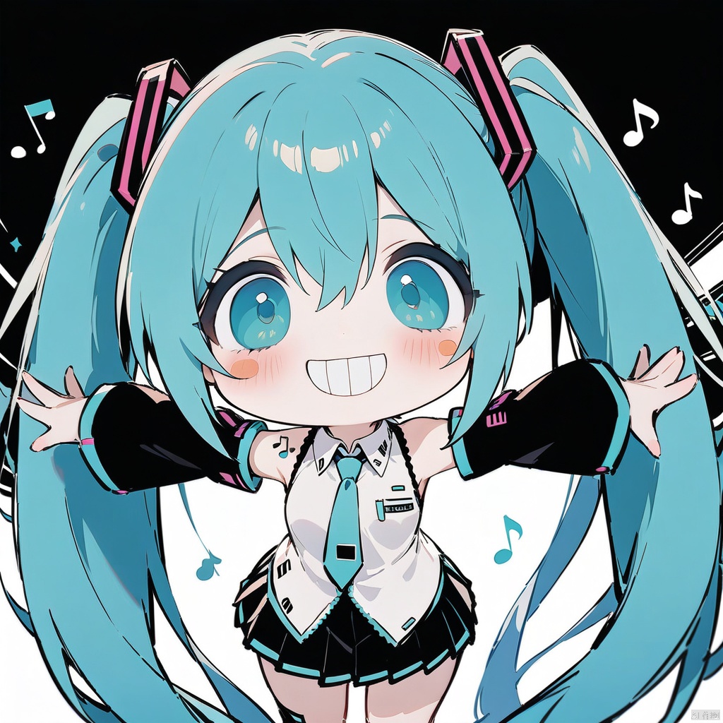 (grin, chibi, teeth), (masterpiece),(best quality),1girl, hatsune miku, twintails, necktie, solo, skirt, shirt, aqua hair, black skirt, aqua eyes, detached sleeves, long hair, sleeveless, white shirt, open mouth, white background, aqua necktie, black sleeves, sleeveless shirt, outstretched arms, very long hair, blush stickers, pleated skirt, hair ornament, miniskirt, bare shoulders, musical note