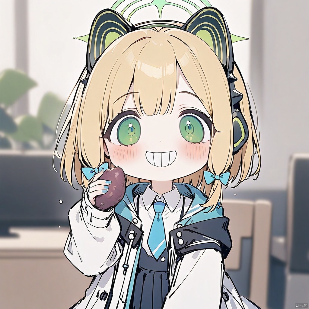 (grin, chibi, teeth),full_body,(masterpiece),(best quality),full body, 1girl, (masterpiece),(best quality),1girl,midori \(blue archive\),blue archive,aiamu iamu,holding food,holding,hooded jacket,food,sidelocks,:d,collared shirt,blurry,long sleeves,puffy sleeves,headphones,blue bow,hand up,necktie, halo,looking at viewer,jacket,sleeves past wrists,blush,nail polish,blue necktie,animal ear headphones,blurry background,blonde hair,shirt,green eyes,hood down,open clothes,depth of field,hood,smile,white jacket,fake animal ears,bow,puffy long sleeves,open jacket,solo,dress shirt,animal ears,white shirt,blue nails,hair bow,long hair,drawstring,sweet potato,