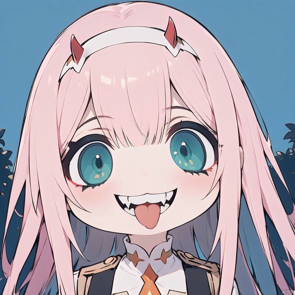 (grin, chibi, teeth), (masterpiece),(best quality),1girl, aqua_background, aqua_eyes, blue_background, buttons, double-breasted, fangs, green_eyes, hairband, horns, long_hair, looking_at_viewer, military, military_uniform, necktie, pink_hair, sky, solo, tongue, tongue_out, uniform, white_hairband, zero_two_\(darling_in_the_franxx\)