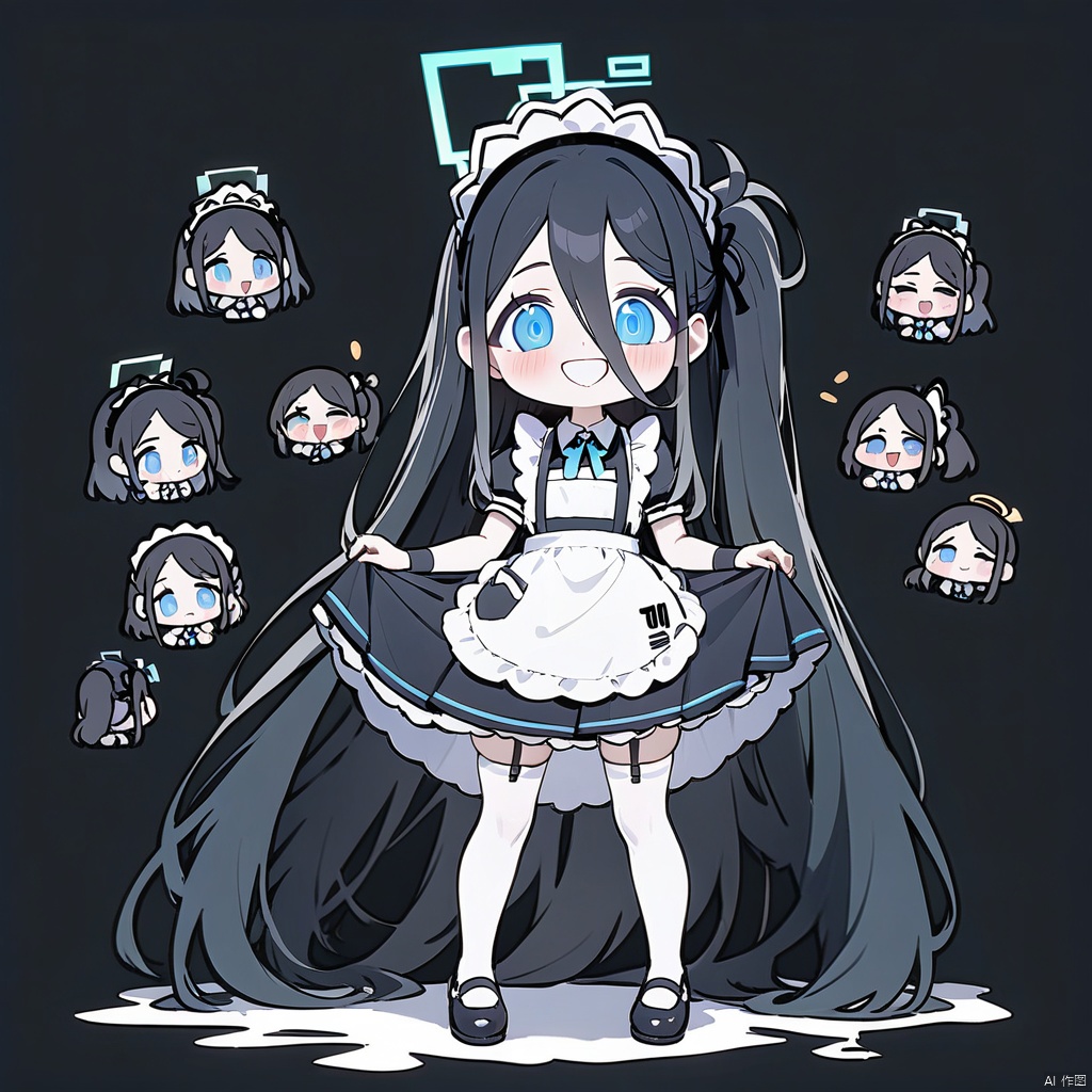 (grin, chibi, teeth),(masterpiece),(best quality),masterpiece,best quality,very aesthetic,absurdres,newest, BREAK sdorica composition,black background,simple background,character name, BREAK 1girl, solo, aris \(blue archive\), aris \(maid\) \(blue archive\), halo, long hair, black hair, thighhighs, white thighhighs, apron, blue eyes, official alternate costume, maid headdress, maid, very long hair, full body, simple background, white background, short sleeves, open mouth, dress, looking at viewer, maid apron, white apron, black footwear, borrowed clothes, shoes, black dress, frilled apron, frills, blush, upper teeth only, ponytail, smile, puffy sleeves, standing, side ponytail, teeth, puffy short sleeves, absurdly long hair, garter straps, skirt hold, bow, sidelocks,