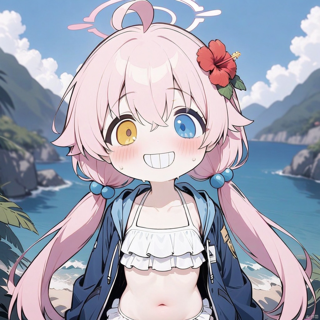  grin,chibi,teeth, (masterpiece),(best quality),solo, red flower, 1girl, hoshino (blue archive), flower, blue jacket, hoshino (swimsuit) (blue archive), hair ornament, white bikini, frilled bikini, heterochromia, swimsuit, twintails, long hair, ahoge, yellow eyes, bikini, navel, halo, blush, looking at viewer, jacket, frills, low twintails, blue eyes, open mouth, pink hair, collarbone, hair between eyes, hair bobbles, outdoors, long sleeves, hair flower, official alternate costume, hibiscus, open clothes, blurry,