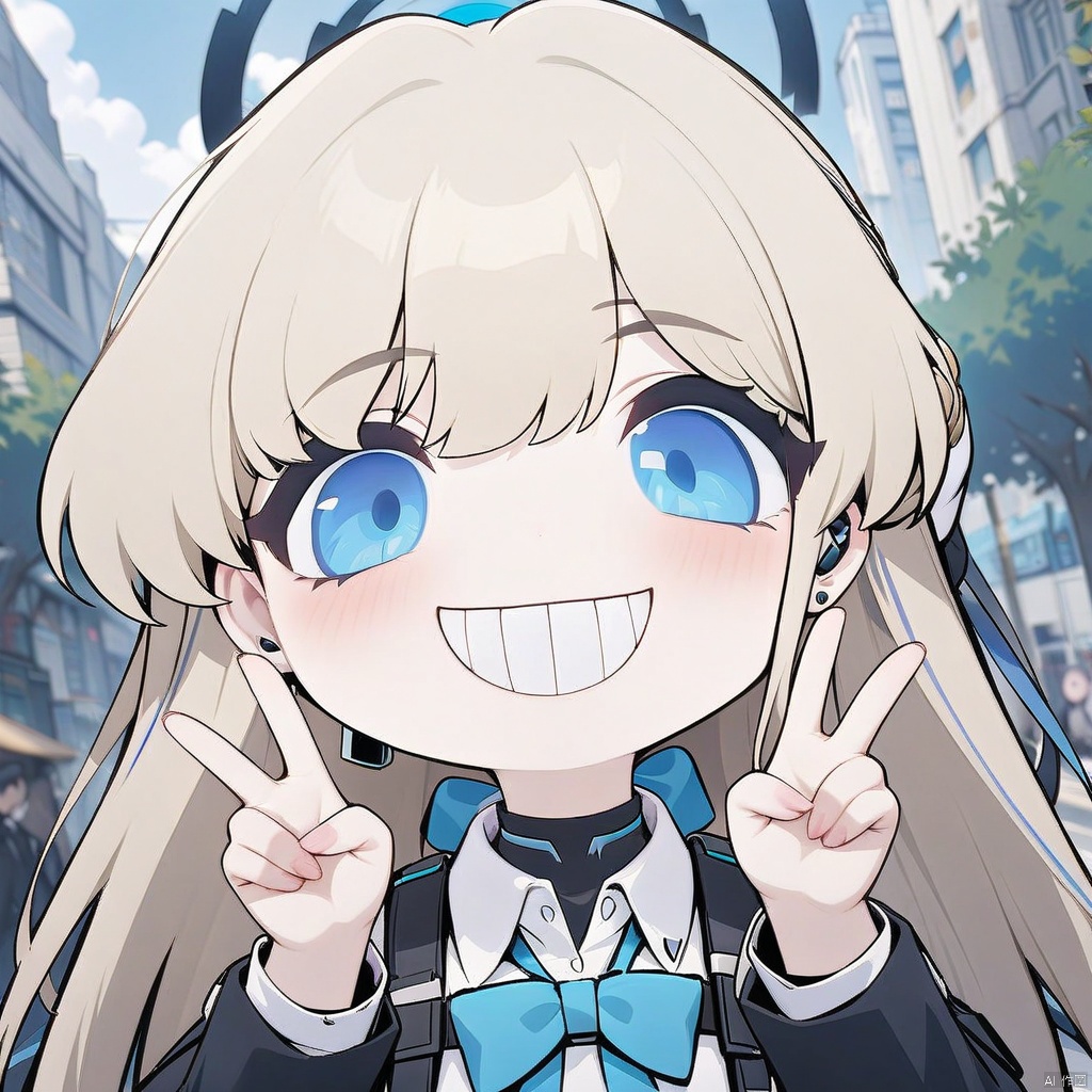  (grin, chibi, teeth),1girl, toki \(blue archive\), blue archive, game cg, solo, double v, looking at viewer, upper body, cinematic angle, depth of field, outdoors, masterpiece, best quality