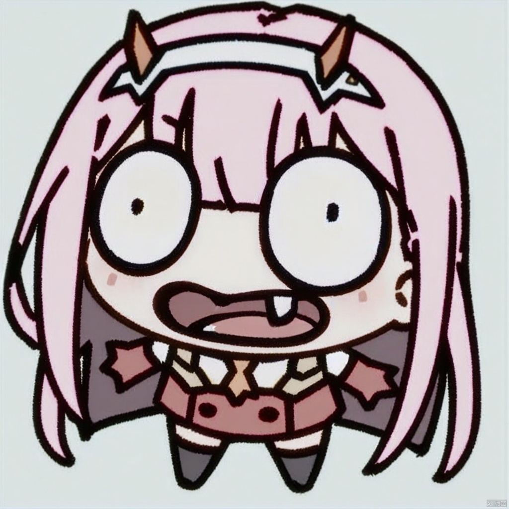  (chibi),(masterpiece),(best quality),1girl, aqua_background, aqua_eyes, blue_background, buttons, double-breasted, fangs, green_eyes, hairband, horns, long_hair, looking_at_viewer, military, military_uniform, necktie, pink_hair, sky, solo, tongue, tongue_out, uniform, white_hairband, zero_two_\(darling_in_the_franxx\)