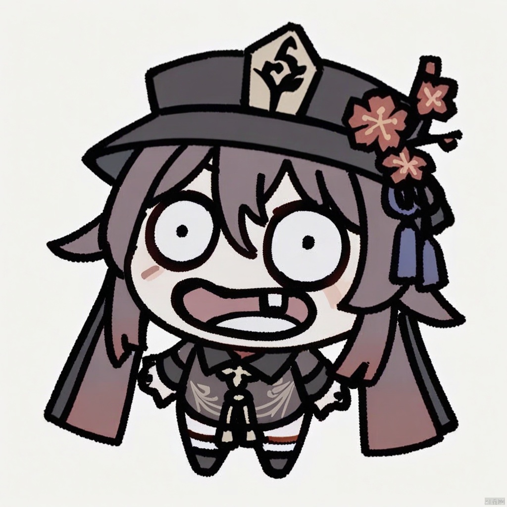  (chibi),full body,masterpiece, best quality, full shot, chibi, grimaces, emoji, frightening, 1girl, solo, long hair, looking at viewer, smile, open mouth, bangs, simple background, brown hair, long sleeves, hat, hair between eyes, twintails, flower, :d, chibi, nail polish, black eyes, black headwear, chinese clothes, black nails, hat ornament, emphasis lines, hat flower, claw pose, hu tao \(genshin impact\),
