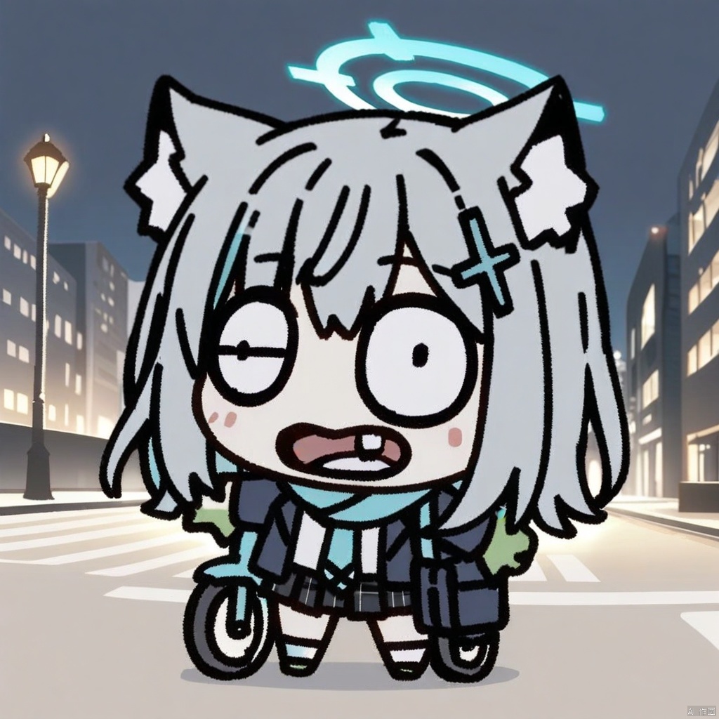  (chibi),full_body,masterpiece, best quality, 1girl, bicycle, shiroko \(blue archive\), animal ears, skirt, solo, scarf, ground vehicle, white shirt, shirt, single glove, jacket, plaid skirt, hair ornament, looking at viewer, halo, blue scarf, animal ear fluff, outdoors, bag, plaid, school uniform, blue eyes, open jacket, building, open clothes, socks, grey hair, long sleeves, gloves, cross hair ornament, assault rifle, shoes, open mouth, pleated skirt, necktie, city, white socks, sneakers, bangs, blue necktie, blazer, lamppost, mismatched pupils, id card, sig sauer, medium hair, rifle, kneehighs, extra ears, school bag, cat ears, striped scarf, blue jacket, green gloves, striped, thighs