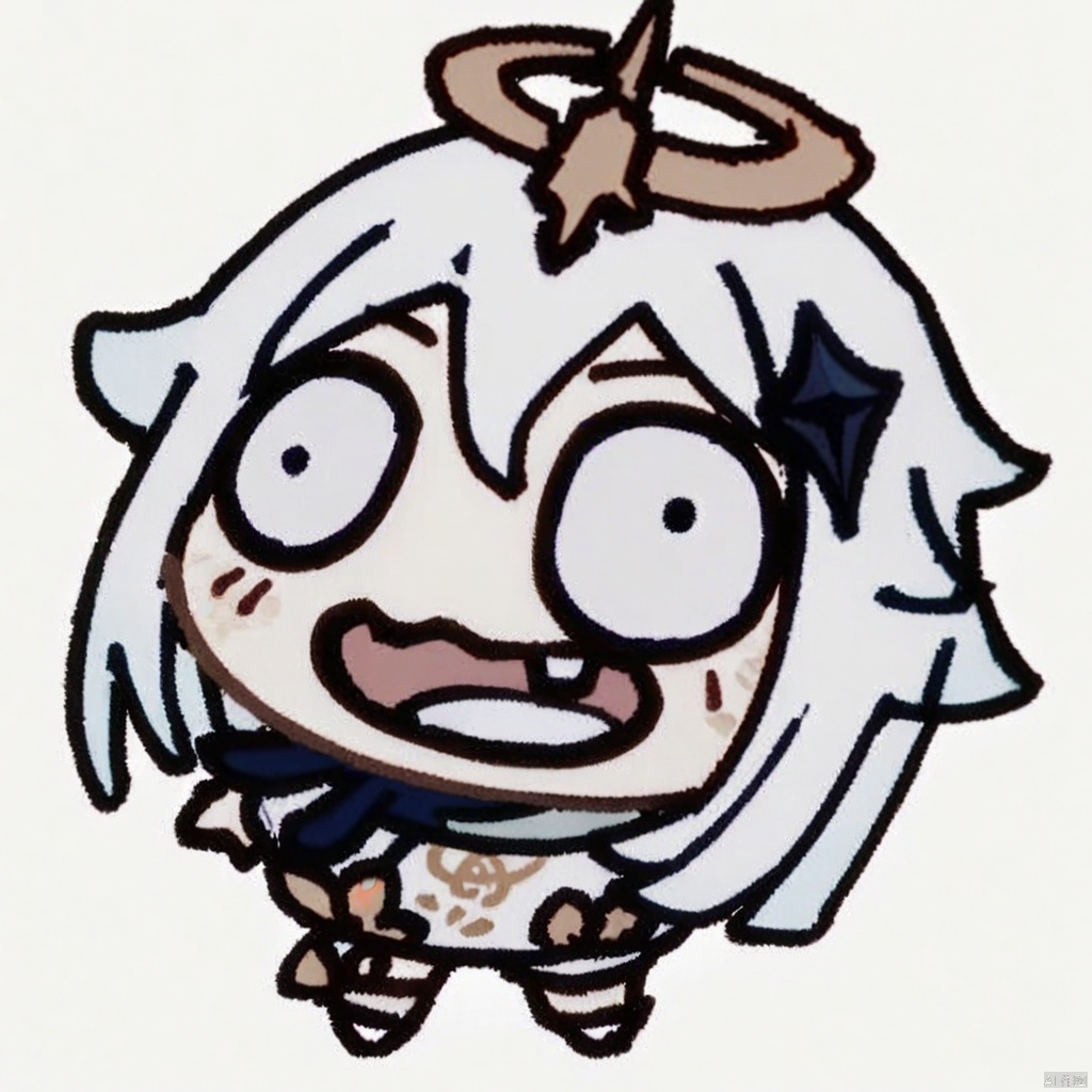 (chibi),1girl, paimon \(genshin impact\), solo, white hair, hair between eyes, halo, looking at viewer, bangs, hair ornament, grey eyes, smile, :3, blue eyes, blush, simple background