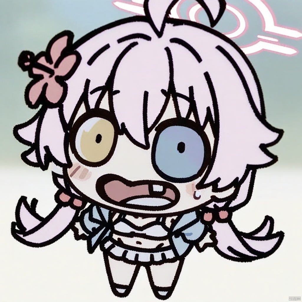  (chibi),(masterpiece),(best quality),solo, red flower, 1girl, hoshino (blue archive), flower, blue jacket, hoshino (swimsuit) (blue archive), hair ornament, white bikini, frilled bikini, heterochromia, swimsuit, twintails, long hair, ahoge, yellow eyes, bikini, navel, halo, blush, looking at viewer, jacket, frills, low twintails, blue eyes, open mouth, pink hair, collarbone, hair between eyes, hair bobbles, outdoors, long sleeves, hair flower, official alternate costume, hibiscus, open clothes, blurry