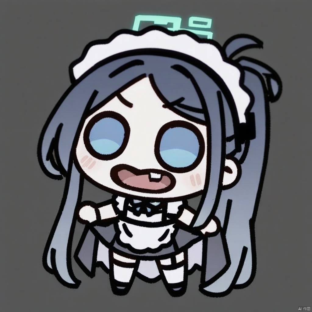  (chibi),(masterpiece),(best quality),masterpiece,best quality,very aesthetic,absurdres,newest, BREAK sdorica composition,black background,simple background,character name, BREAK 1girl, solo, aris \(blue archive\), aris \(maid\) \(blue archive\), halo, long hair, black hair, thighhighs, white thighhighs, apron, blue eyes, official alternate costume, maid headdress, maid, very long hair, full body, simple background, white background, short sleeves, open mouth, dress, looking at viewer, maid apron, white apron, black footwear, borrowed clothes, shoes, black dress, frilled apron, frills, blush, upper teeth only, ponytail, smile, puffy sleeves, standing, side ponytail, teeth, puffy short sleeves, absurdly long hair, garter straps, skirt hold, bow, sidelocks,