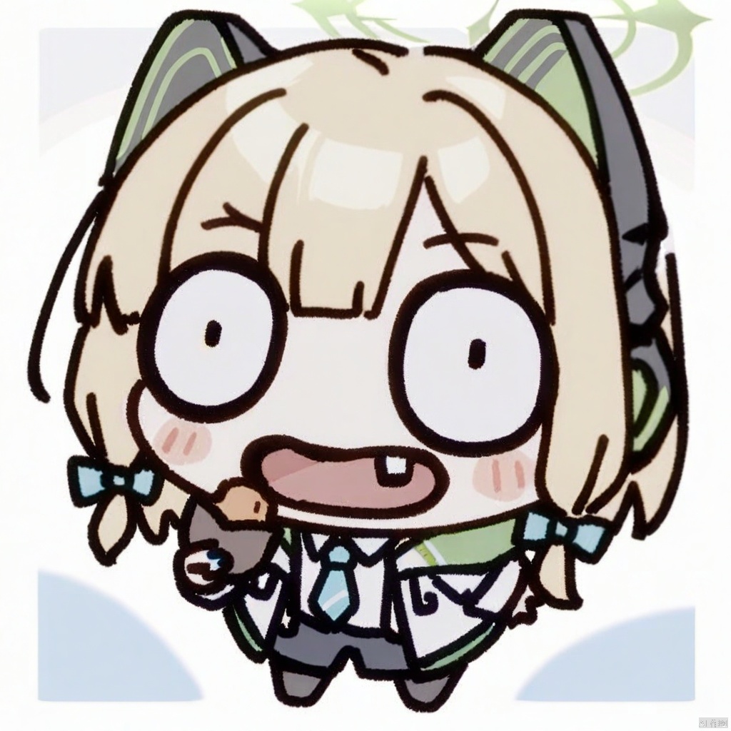  (chibi),full body,1girl,midori \(blue archive\),blue archive,aiamu iamu,holding food,holding,hooded jacket,food,sidelocks,:d,collared shirt,blurry,long sleeves,puffy sleeves,headphones,blue bow,hand up,necktie,upper body,halo,looking at viewer,jacket,sleeves past wrists,blush,nail polish,blue necktie,animal ear headphones,blurry background,blonde hair,shirt,green eyes,hood down,open clothes,depth of field,hood,smile,white jacket,fake animal ears,bow,puffy long sleeves,open jacket,solo,dress shirt,animal ears,white shirt,blue nails,hair bow,long hair,drawstring,sweet potato,