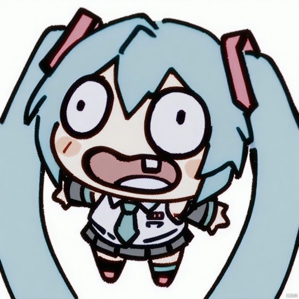  (chibi),(masterpiece),(best quality),1girl, hatsune miku, twintails, necktie, solo, skirt, shirt, aqua hair, black skirt, aqua eyes, detached sleeves, long hair, sleeveless, white shirt, open mouth, white background, aqua necktie, black sleeves, sleeveless shirt, outstretched arms, very long hair, blush stickers, pleated skirt, hair ornament, miniskirt, bare shoulders, musical note