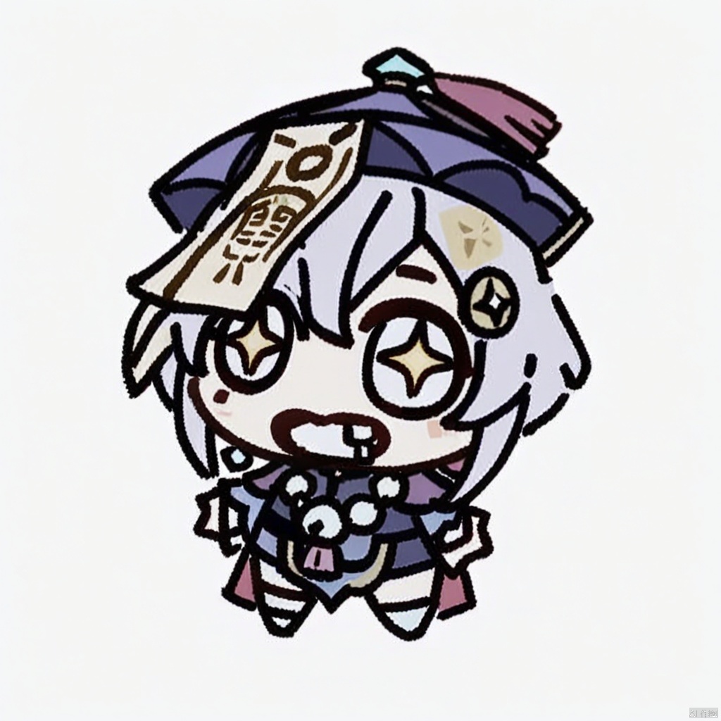  (chibi),full body,masterpiece, best quality, qiqi (genshin impact), hat 1girl, drinking straw, solo, holding, looking at viewer, chibi, drink,coconut, drinking straw in mouth, milk carton, simple background, sparkling eyes, +_+, symbol-shaped pupils, wide sleeves, chinese clothes, juice box, talisman, can, bendy straw, white background, holding drink 