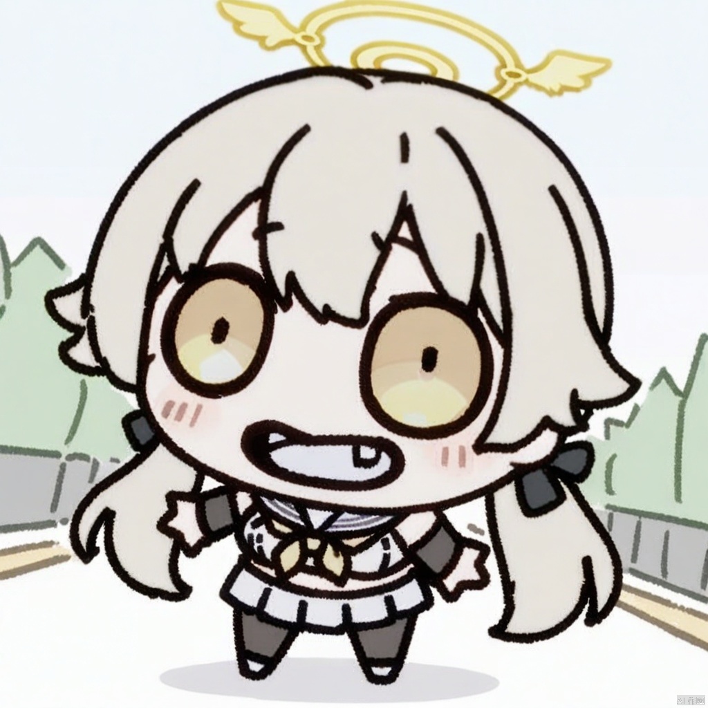  (chibi),full_body,(masterpiece, best quality),1girl,solo,long hair,blue eyes,in_summer,loli,(middle_breasts:1.1), hifumi-default,hifumi \(blue archive\),(yellow eyes:1.3),light brown hair,long hair,low twintails,halo,school uniform,blue sailor collar,white cardigan,pleated skirt,black pantyhose,sneakers ,holding_phone,outdoors,walking on street,looking to the side,standing_split,dutch angle,smiling,