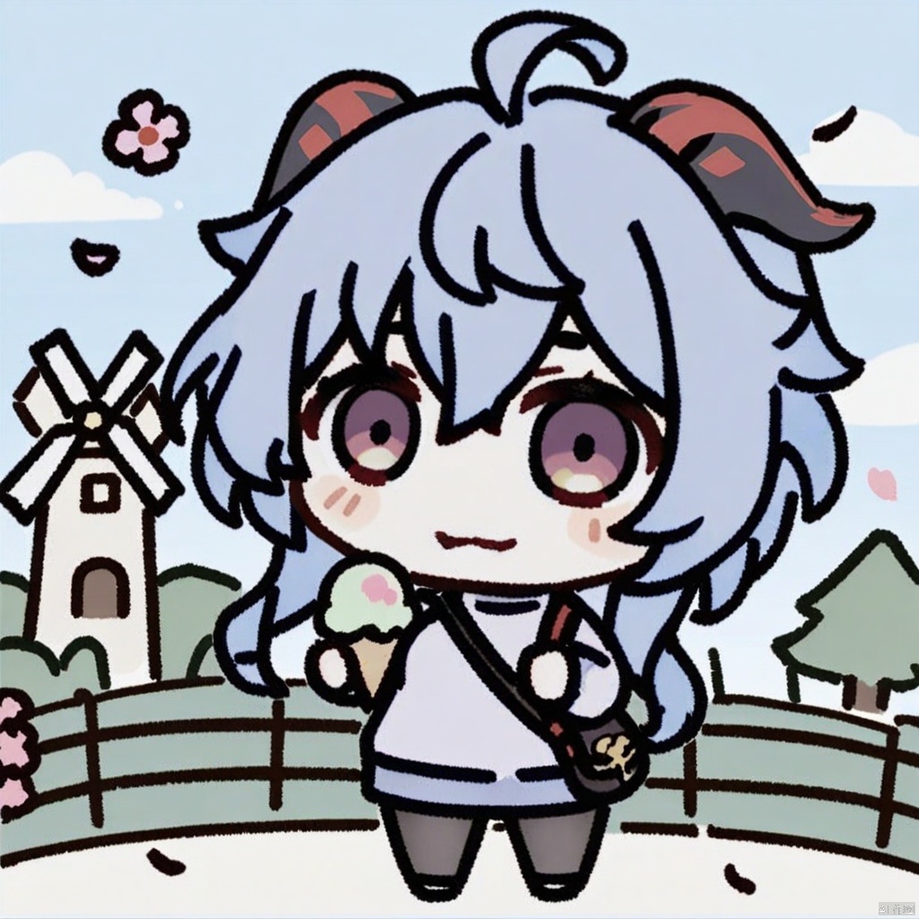  (chibi),full_body, masterpiece, best quality, 1girl, ganyu \(genshin impact\), solo, outdoors, long hair, goat horns, ice cream, horns, flower, purple eyes, blue hair, sweater, petals, looking at viewer, pantyhose, food, bag, turtleneck, ahoge, bangs, blush, windmill, purple flower, sheep, turtleneck sweater, holding, fence, breasts, cloud, day, long sleeves, sky, handbag, shoulder bag, building, falling petals, cowboy shot, closed mouth, floating hair, dress, animal, black pantyhose, purple sweater, hair between eyes, pink flower, medium breasts, standing, sidelocks, cable knit, blue sky, tree, holding food