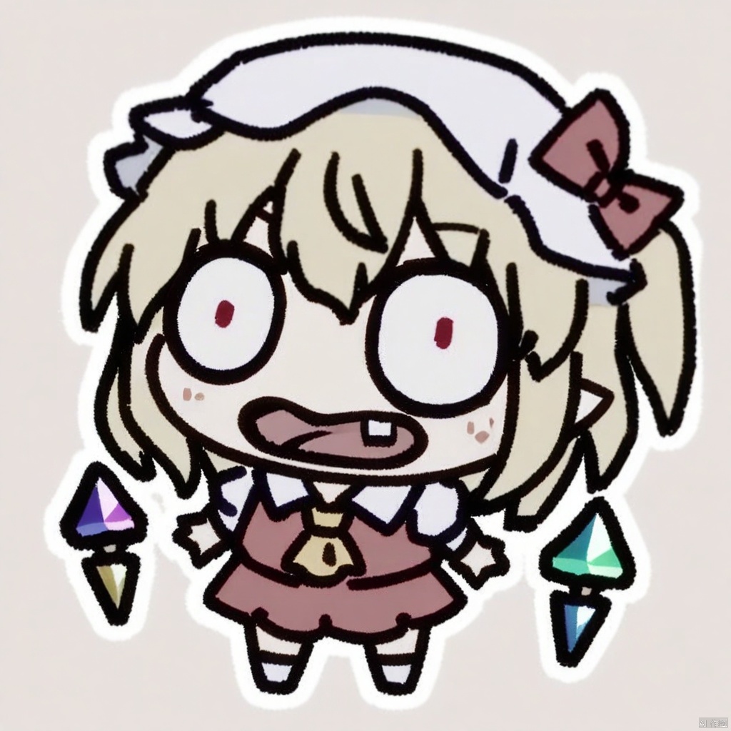  (chibi),1girl, flandre scarlet, touhou, hat, mob cap, solo, blonde hair, stuffed toy, red vest, wings, stuffed animal, teddy bear, red eyes, crystal, vest, white headwear, outdoor, short sleeves, one side up, holding, puffy sleeves, skirt, shirt, pointy ears, red skirt, looking at viewer, puffy short sleeves, ascot, yellow ascot, wrist cuffs, white shirt, holding stuffed toy, bow, frills, red bow, collared shirt, ribbon, frilled shirt collar, red ribbon, medium hair masterpiece, best quality, very aesthetic, absurdres