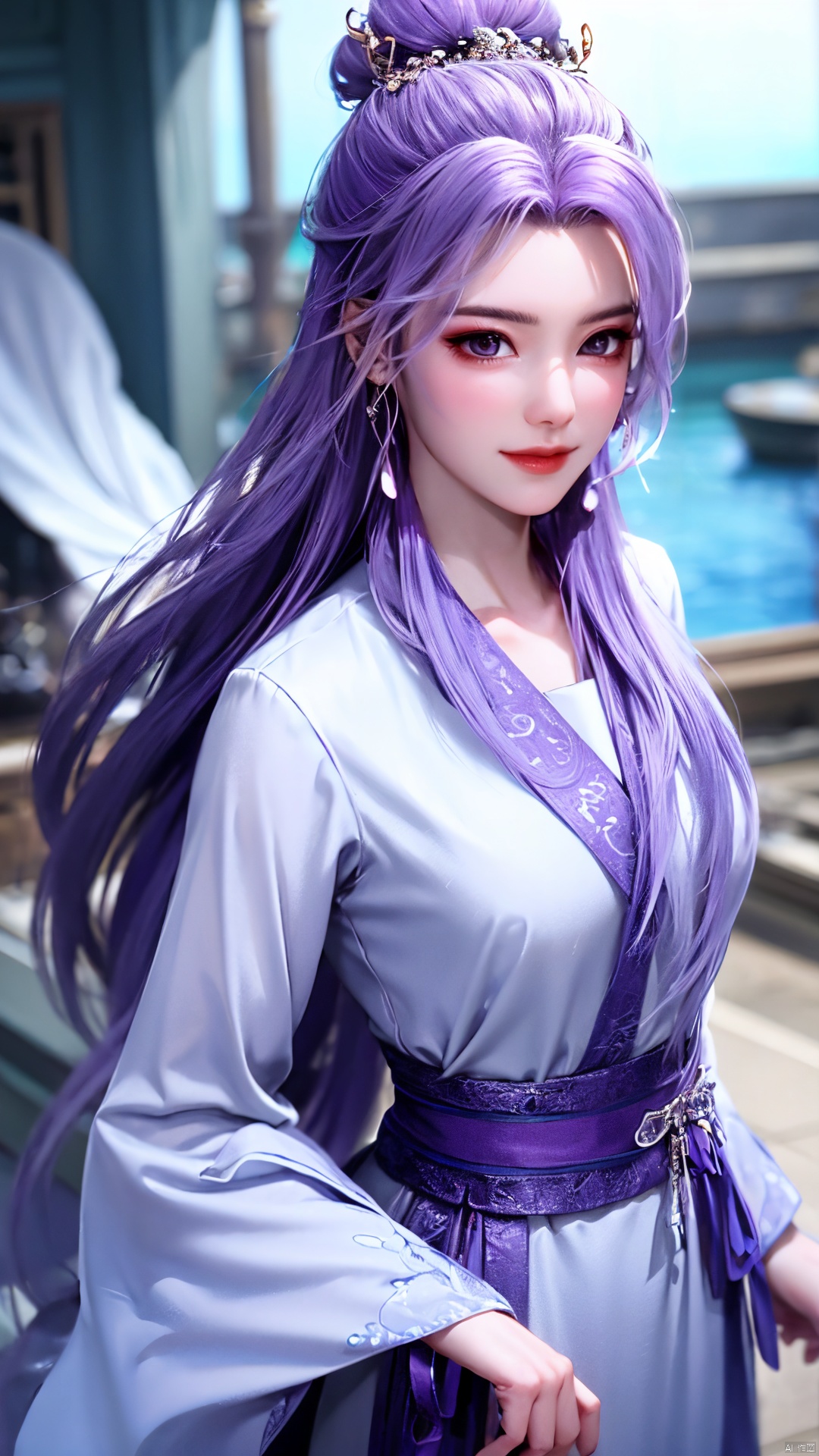  cowboy_shot,(Good structure), DSLR Quality,Depth of field,kind smile,looking_at_viewer,Dynamic pose, 1girl, purple hair, long hair, hair ornament, solo, long dress, earrings, jewelry, hair bun, Yunxiao_Fairy, hanfu, Water_butterfly