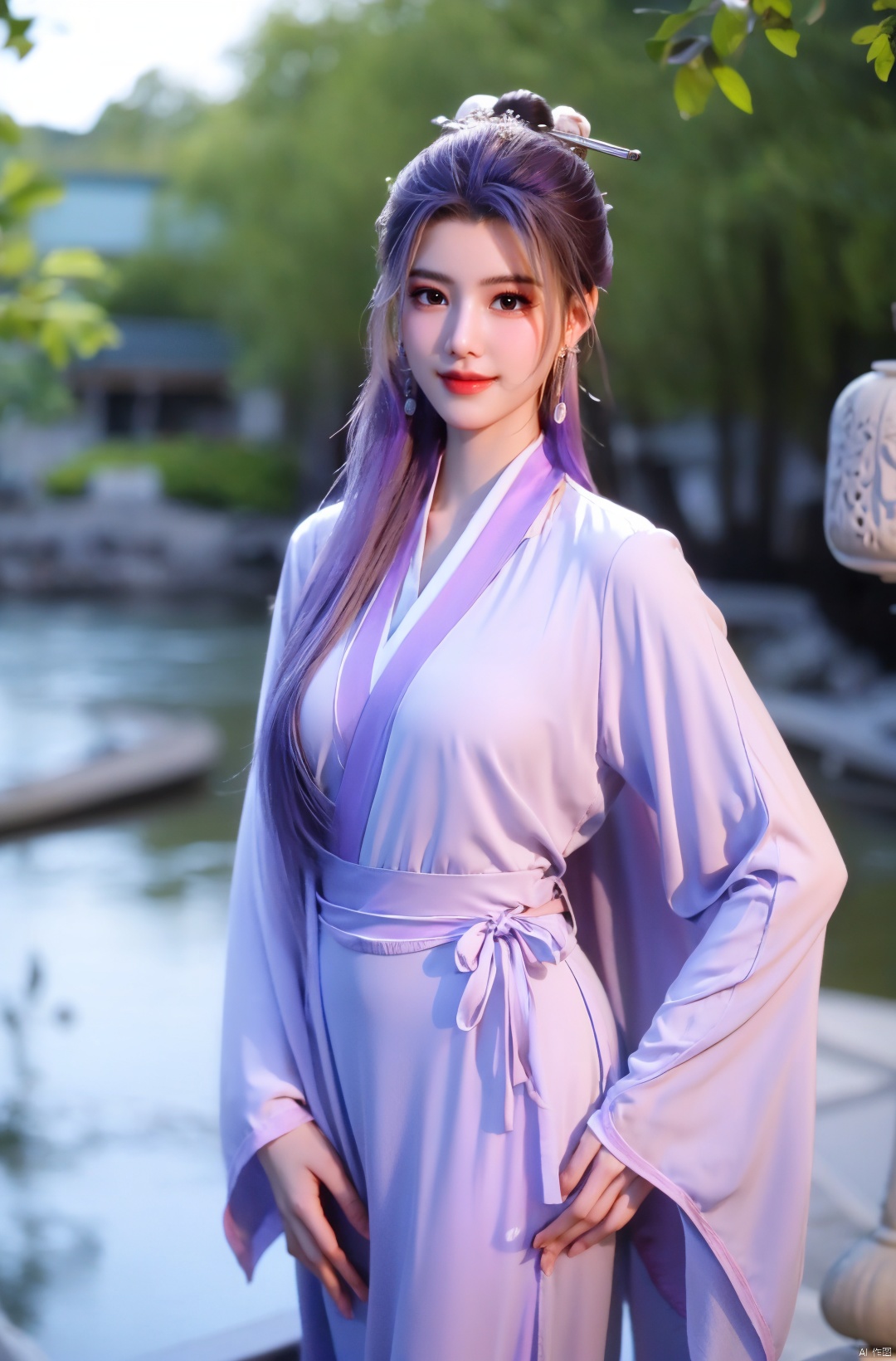  cowboy_shot,(Good structure), DSLR Quality,Depth of field,kind smile,looking_at_viewer,Dynamic pose, 
yunxiao, 1girl, purple hair, long hair, hair ornament, , solo, dress, earrings, jewelry, hair bun, Yunxiao_Fairy, hanfu, Water_butterfly